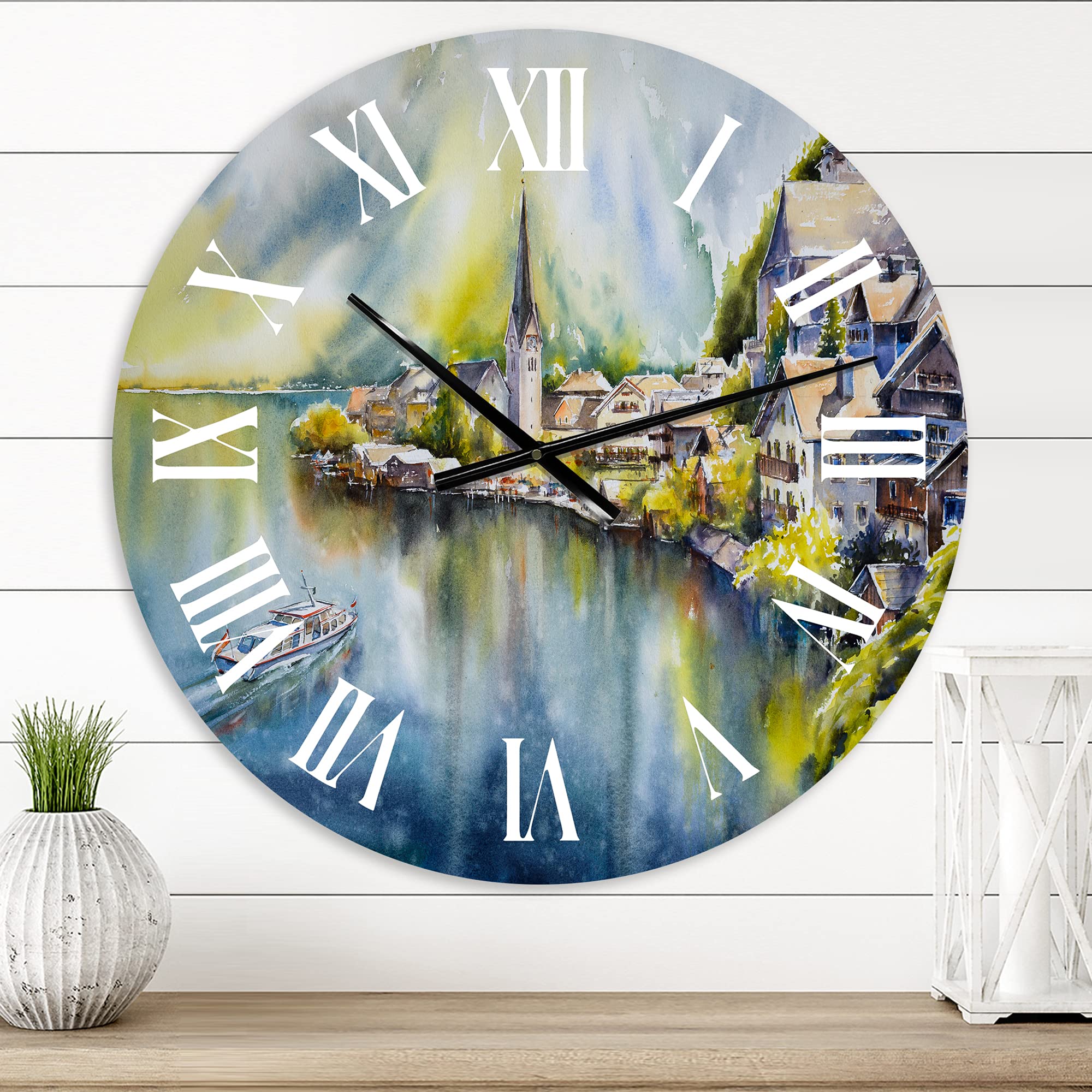 DesignQ Nautical Coastal Wall Clock - 'Mountain Village by The River in Austria' Landscape Nature Large Wall Decor for Living Room, Bedroom & Office - Perfect for Home, Beach House & Cabin Decor