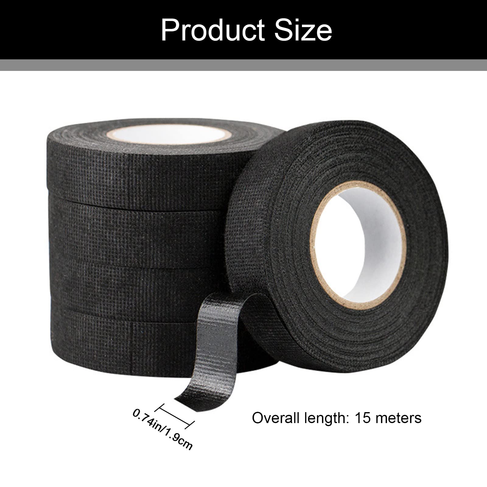 Premium Electrical Tape 6-Pack - 19mm x 15m Self-Adhesive Automotive Wiring Harness Tape - Black Vinyl Insulation Tape for Car Wiring, Electrical Repairs & DIY Projects - Ideal for Wire Bundling, Cable Management & Home Improvement
