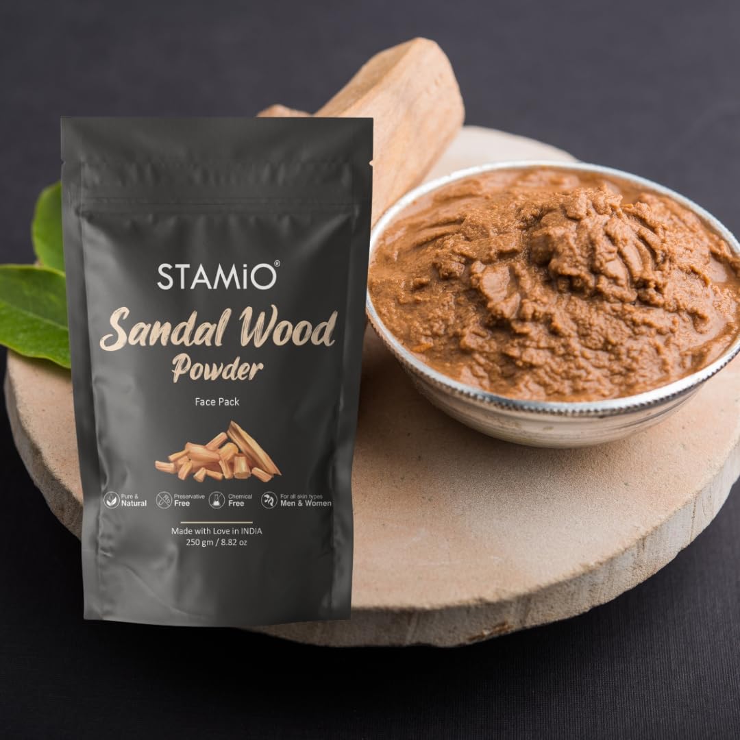 STAMIO Sandalwood Face Pack Powder 250gm for Sun Tan Removal, Glowing Skin, Acne Treatment & Dark Spot Reduction | Natural Santalum Album Chandan Mask for Face & Body | 8.82oz Pouch | Perfect for Daily Skincare & Spa Treatments
