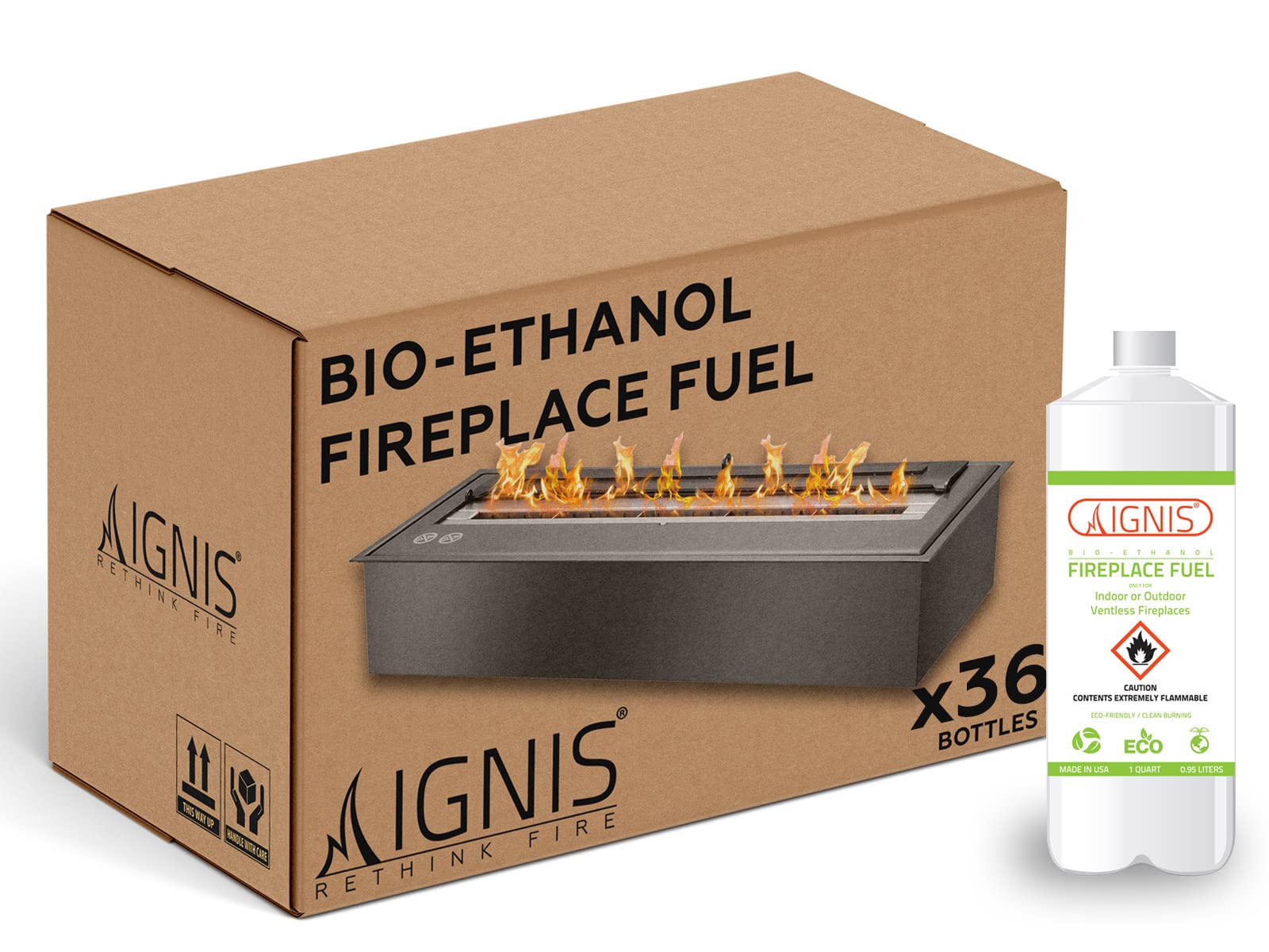 Ignis Bio Ethanol Fireplace Fuel - 36 Pack (36 x 1 Quart Bottles) | Clean Burning, Odorless, Eco-Friendly Fireplace Fuel for Indoor/Outdoor Use | Perfect for Fireplaces, Fire Pits, Tabletop Burners & Decorative Flames