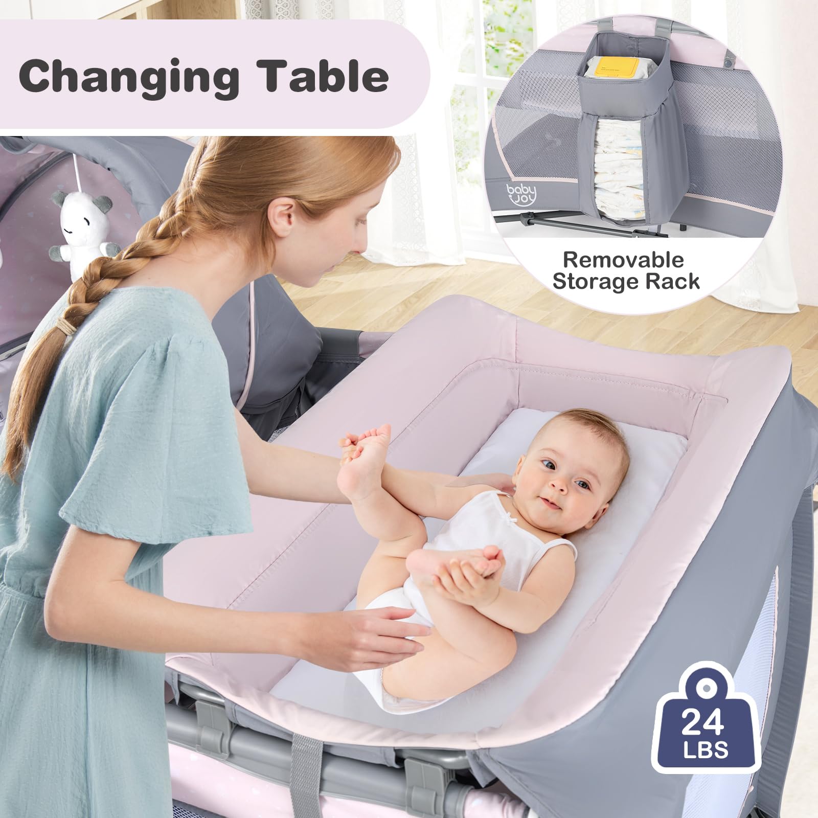 BABY JOY 5-in-1 Portable Baby Playard with Bassinet & Changing Table | Pink & Purple Starry Sky Playpen for Girls | Nursery, Travel & Home Use | Includes Toys, Music & Storage Bag