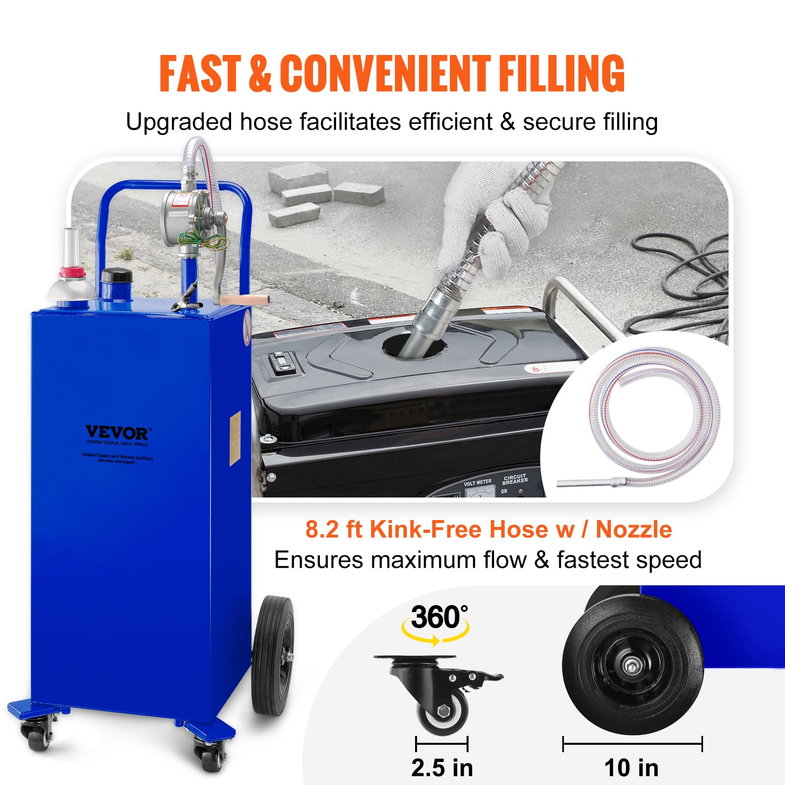 VEVOR 30 Gallon Portable Gas Caddy with Manual Pump - 4-Wheel Fuel Storage Tank for Gasoline & Diesel - Heavy Duty Fuel Container for Cars, Trucks, Lawn Mowers, ATVs, Boats & Outdoor Equipment - Ideal for Home, Farm, Construction & Emergency Fuel Storage