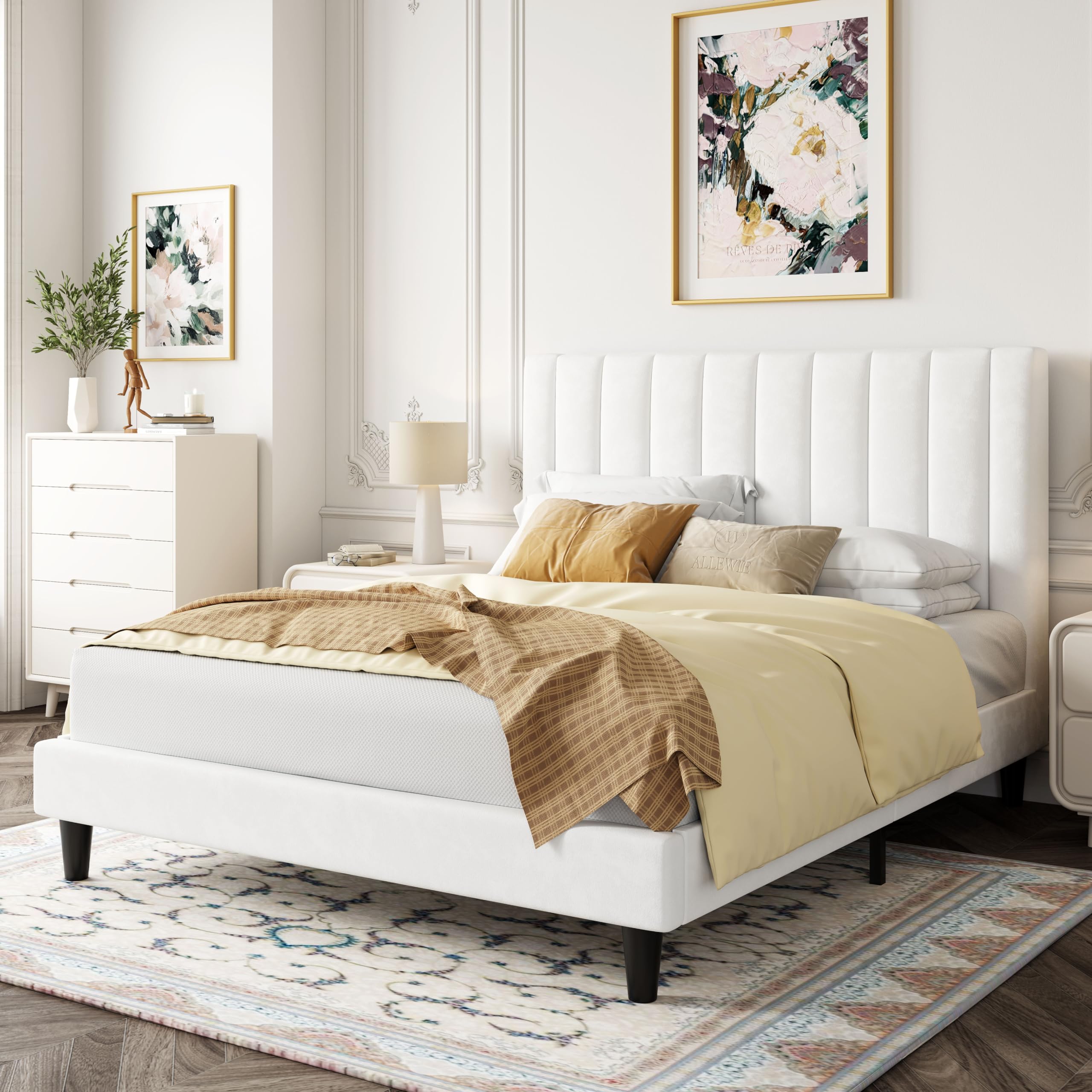 Allewie Full Size Platform Bed Frame - Velvet Upholstered with Vertical Channel Tufted Headboard, Sturdy Wooden Slats Support for Mattress Foundation (Box Spring Optional), Easy Assembly in White | Modern Bedroom Furniture for Master & Guest Rooms