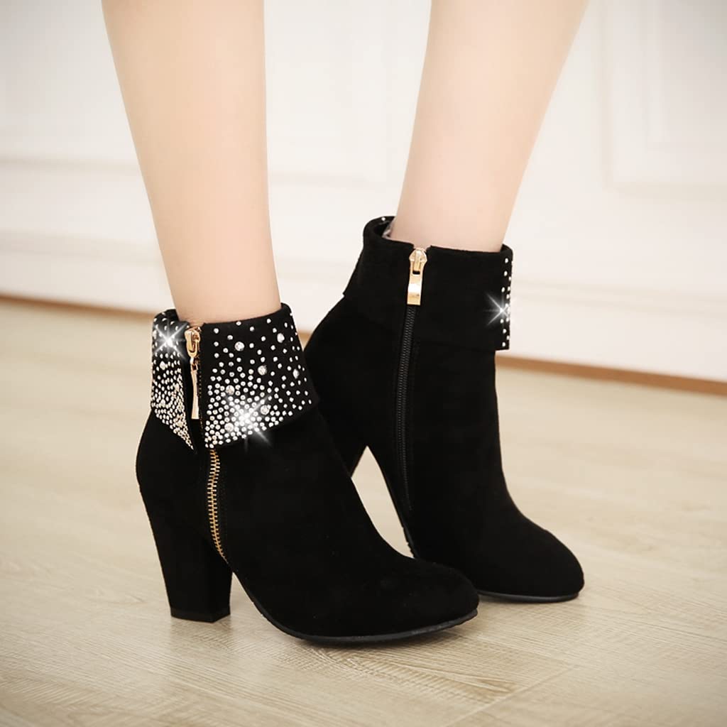 MIOKE Women's Chunky Block Heel Ankle Boots - Rhinestone Round Toe Suede Zipper Booties for Party, Work & Night Out | Dress Boots for Fall Winter Fashion