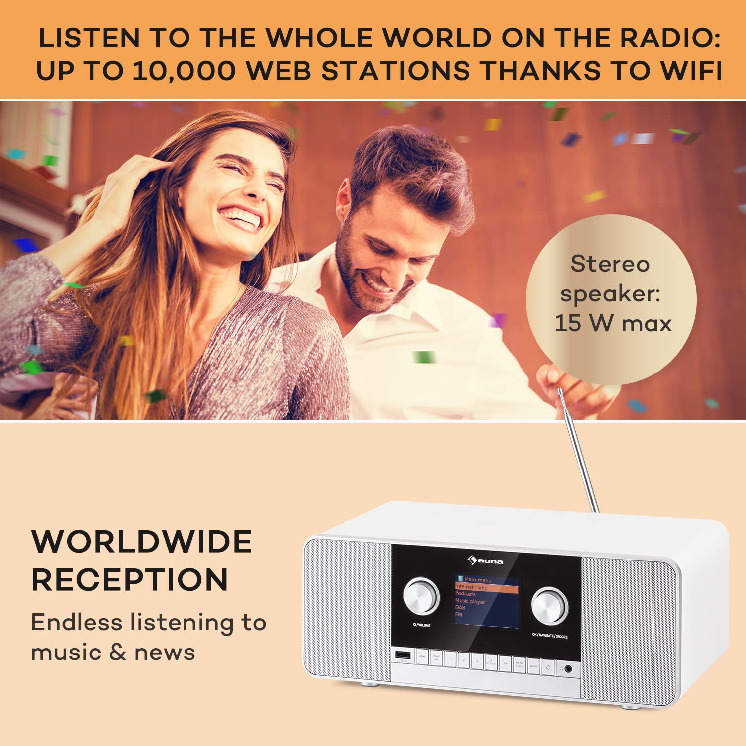 Auna Rechargeable DAB/FM Digital Radio with Bluetooth 5.0 - 15W Stereo Speakers, TFT Display, Streaming Support & Alarm Clock - Portable Wireless Radio for Home, Office, Kitchen, Bedroom and Outdoor Use