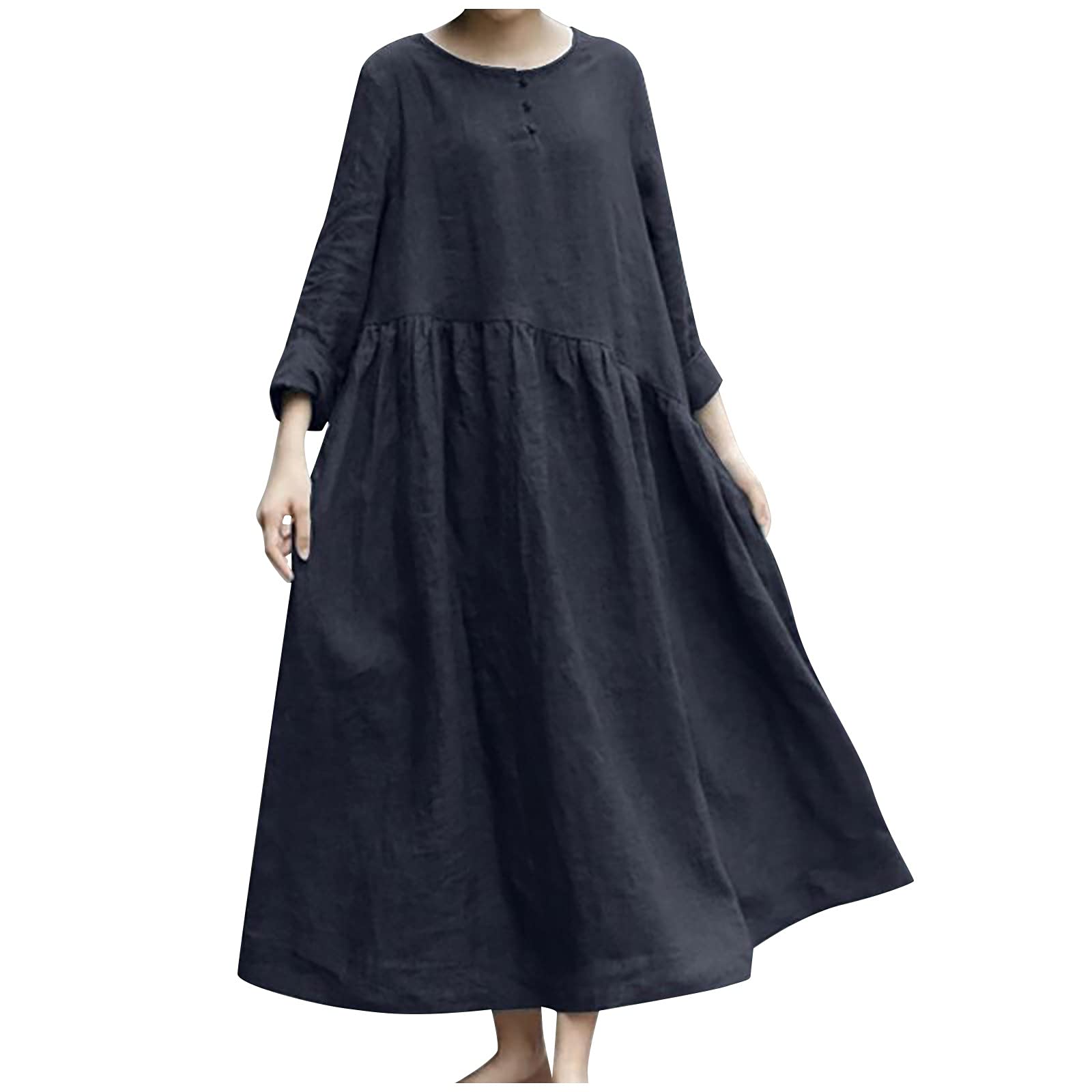 Women's Long Sleeve Wrap Dress - Loose Fit Solid Color Cotton Linen Blend Dress with Unique Irregular Stitching & O-Neck Design | Perfect for Office, Date Night and Casual Outings