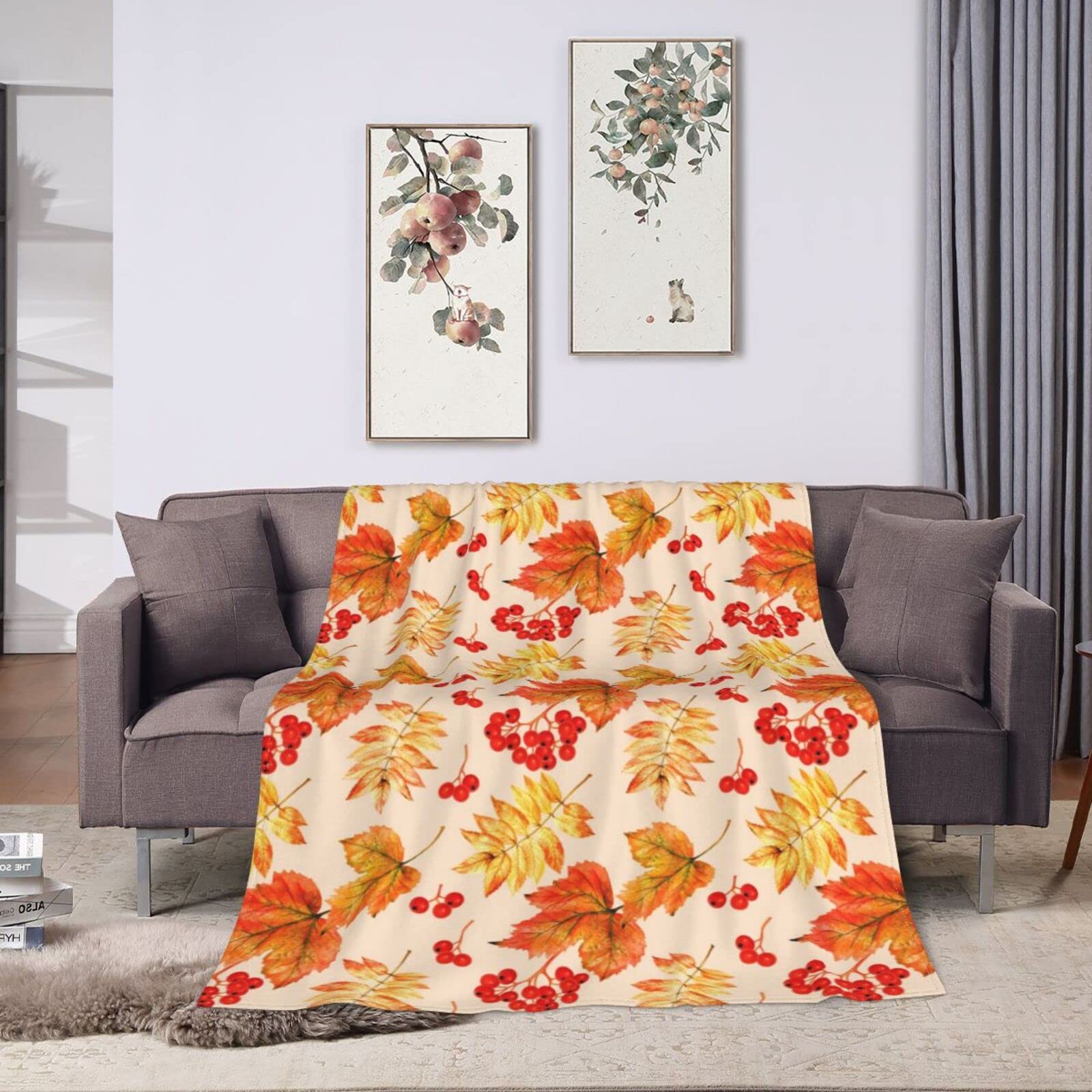 Thanksgiving Throw Blanket - Soft Cozy Fleece Blanket with Autumn Maple Leaves & Pumpkin Design for Adults - Perfect for Sofa, Bed, Couch & Fall Decorations