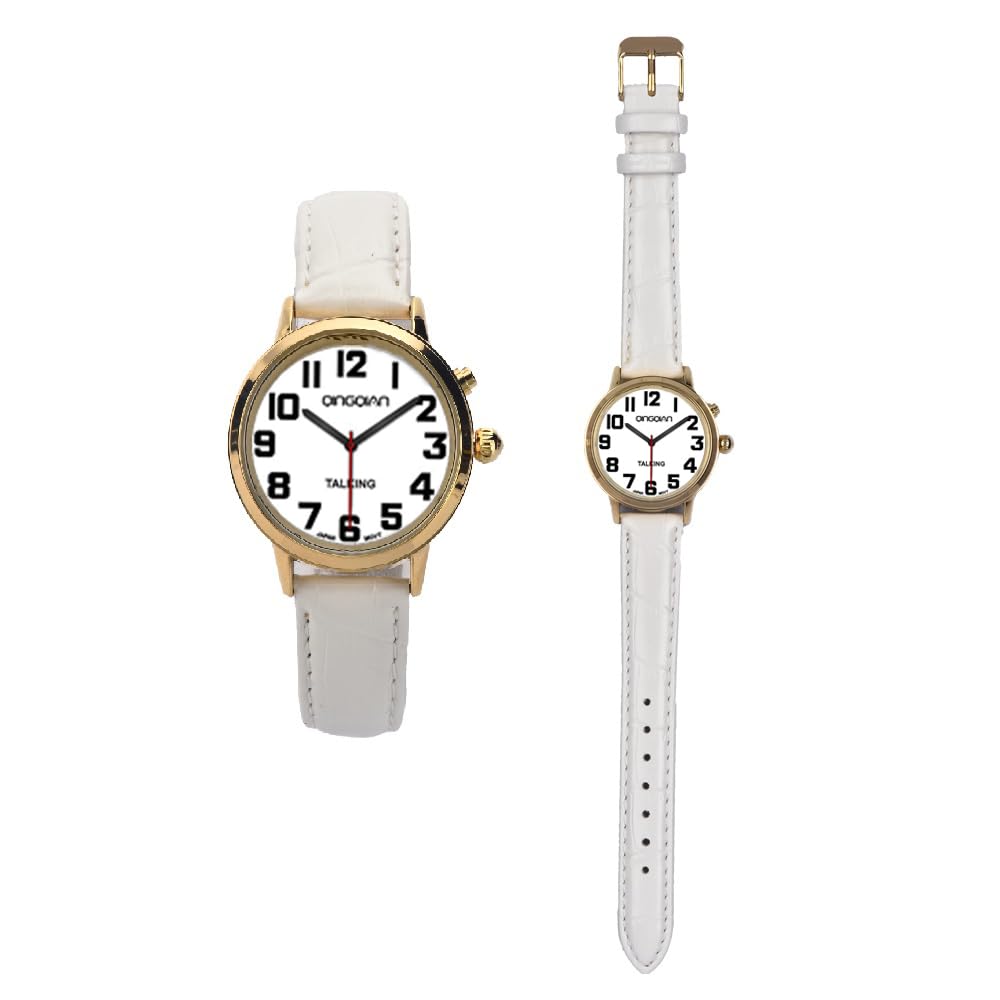 Talking Watch for Elderly & Visually Impaired - Women's Style with White Band | Easy-to-Use Voice Announcing Watch for Seniors & Low Vision Users - Perfect for Daily Time Telling, Medication Reminders & Independent Living