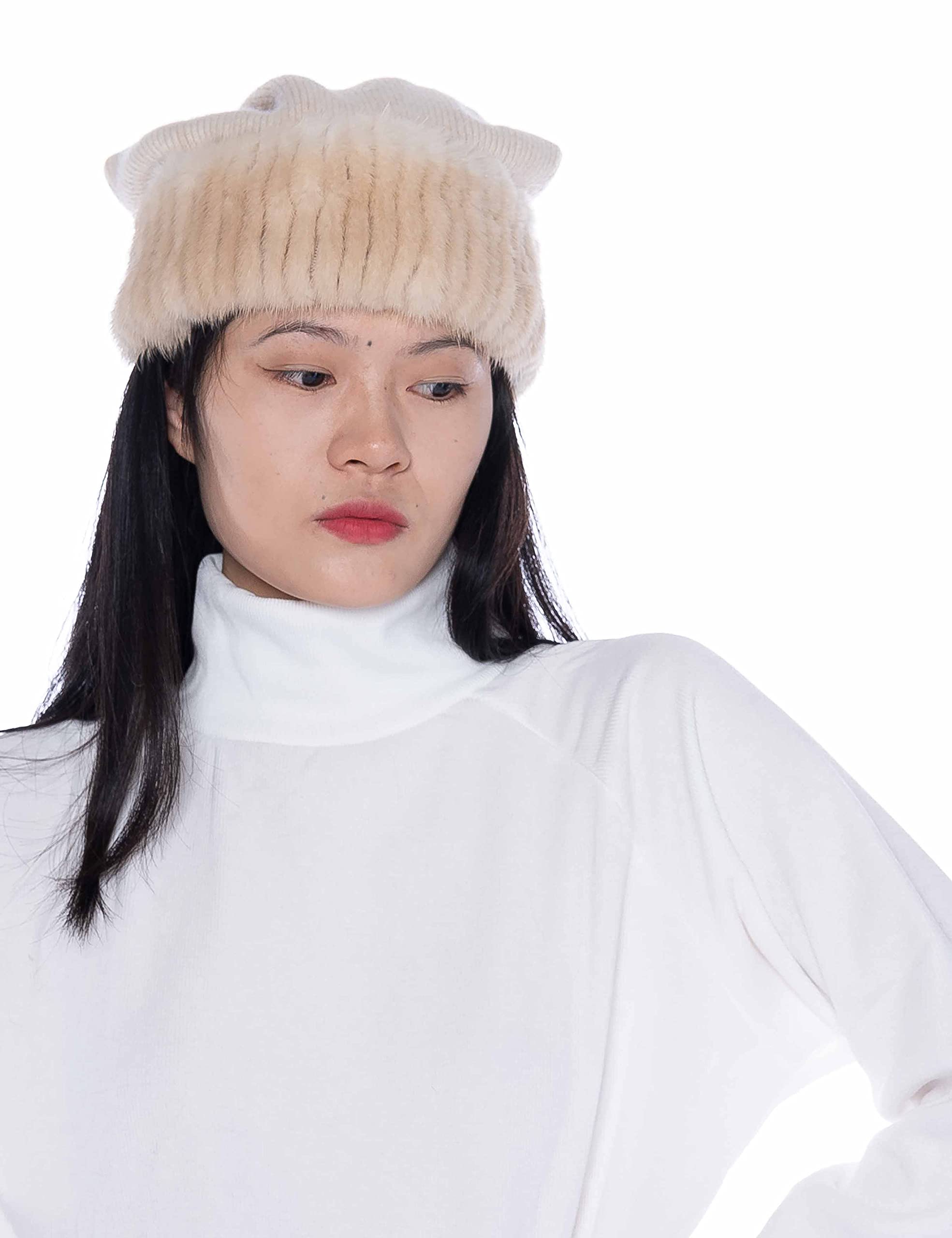 Luxury Real Mink Fur Beanie Hat for Women - Soft Fox Fur Pom Pom Winter Knit Hat - Warm & Stylish Cold Weather Accessory for Outdoor Activities, Skiing, and Fashion Winter Outfits