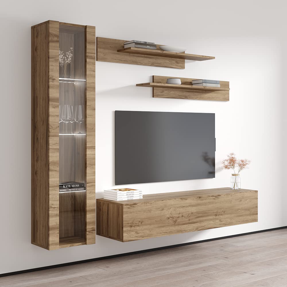 Modern Floating TV Stand with Storage & LED Lights - Wall-Mounted Entertainment Center for Living Room & Bedroom - Oak Wood TV Console with Shelves - Perfect for Small Spaces & Home Theater Setup