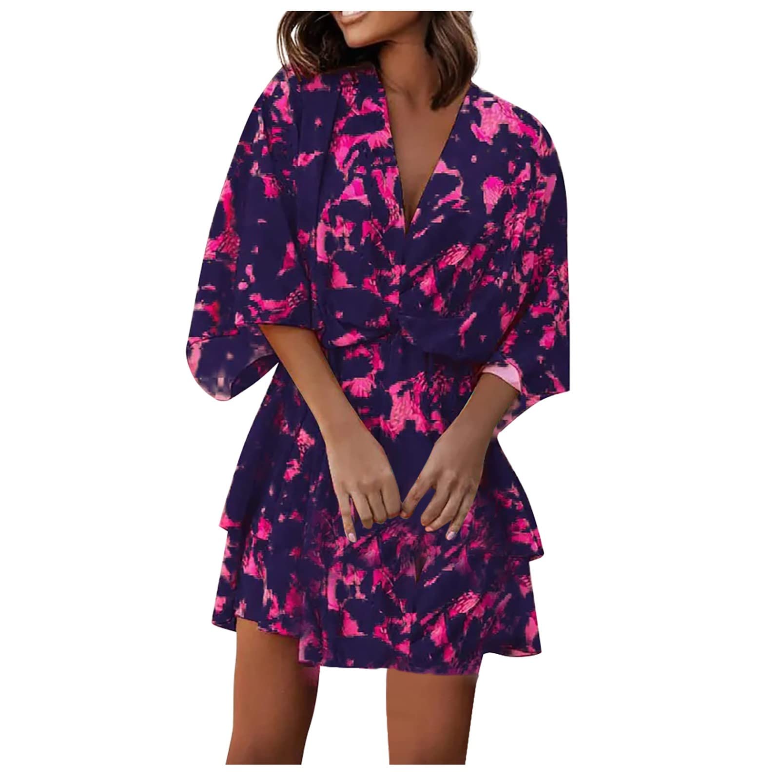 Plus Size Summer Dresses for Women - V-Neck Loose Batwing Sleeve Elastic Waist Printed Mini Romper | Beach Vacation, Casual Outing, Date Night Outfit