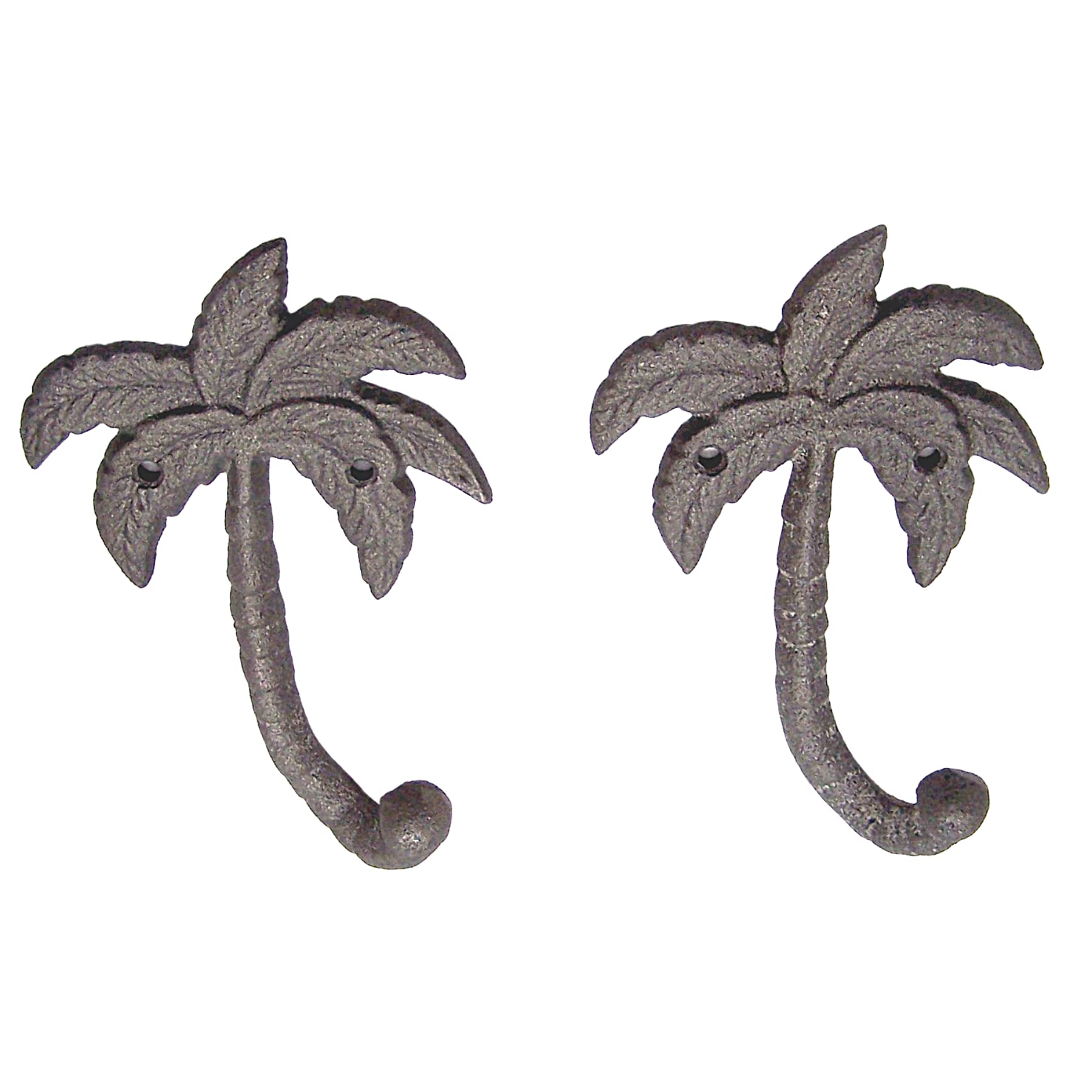 Palm Tree Cast Iron Wall Hooks - Set of 2 Gray Wall Mounted Hooks for Coats, Bags, Towels & Hats - 6.5 Inch Beach Themed Wall Decor - Perfect for Bathroom, Entryway & Coastal Home Decor