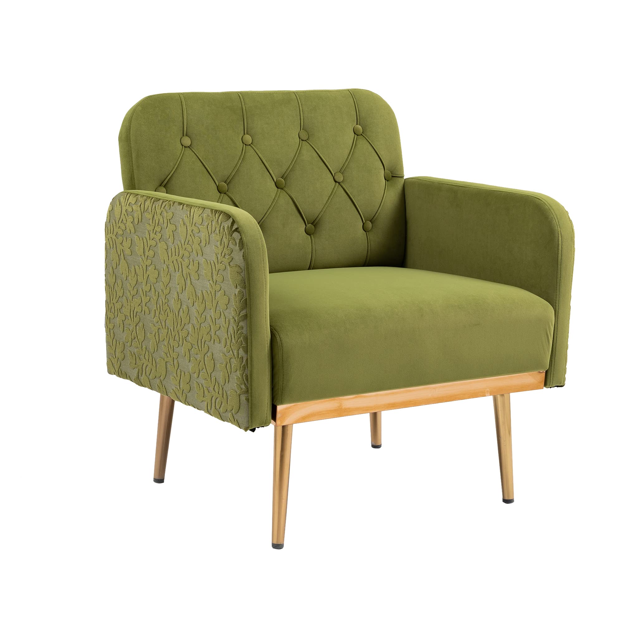 Modern Velvet Single Sofa Chair - Upholstered Accent Living Room Armchair with Rose Gold Metal Legs, Tufted Comfortable Reading Chair for Bedroom, Home Office & Lounge (Green)