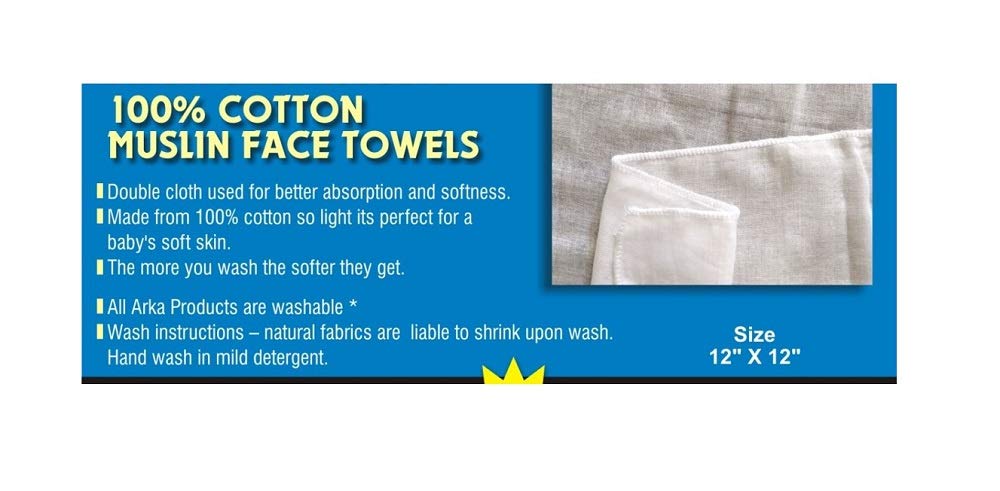 Arka Home Products 12-Pack 100% Cotton Muslin Face Towels - 12x12 Inches, White | Soft & Absorbent for Skincare, Makeup Removal & Baby Care