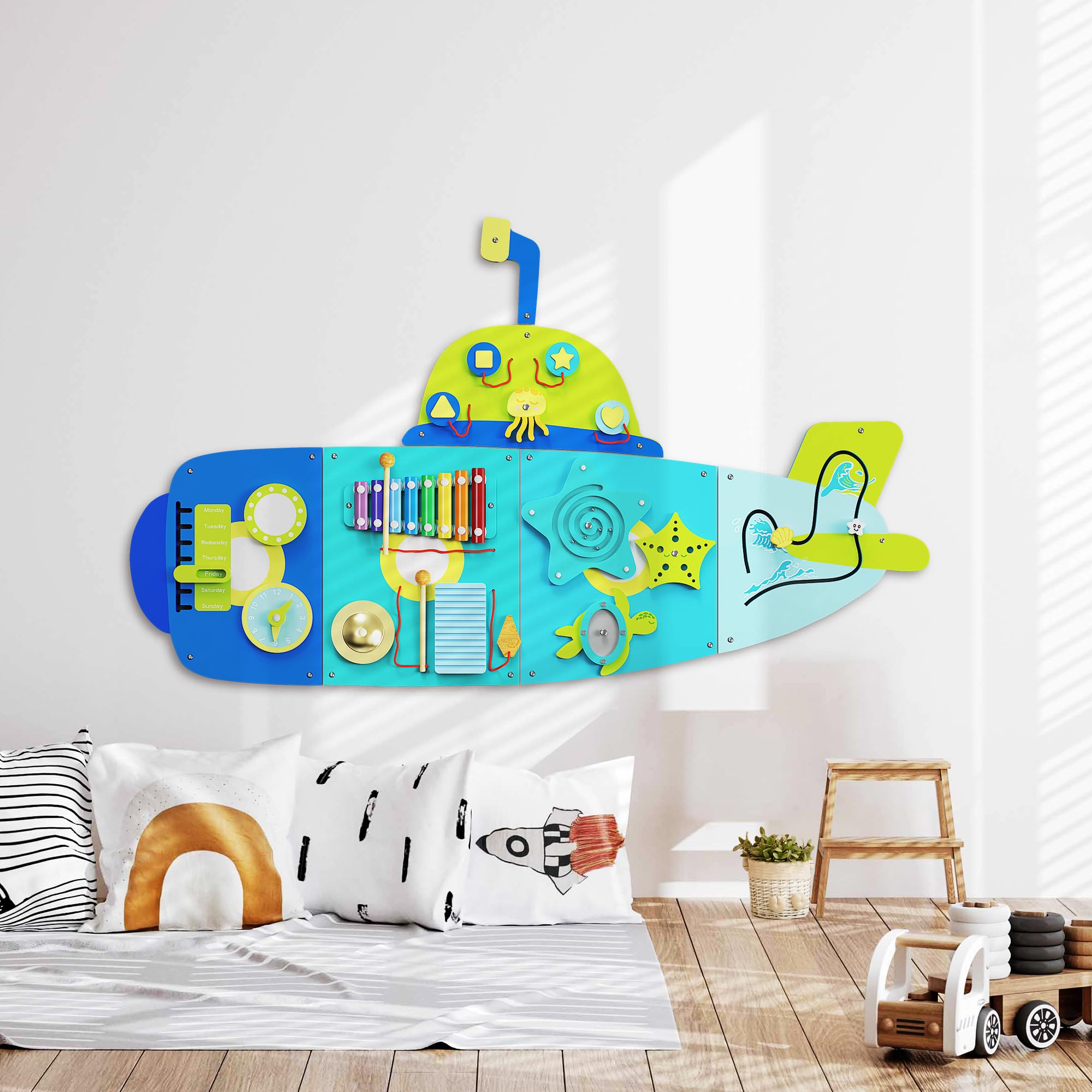 BlueWood Submarine Wall Busy Board Panels - Montessori Sensory Activity Center for Toddlers, Educational Learning Toys for Fine Motor Skills & Cognitive Development - Perfect for Home, Classroom & Daycare Playrooms