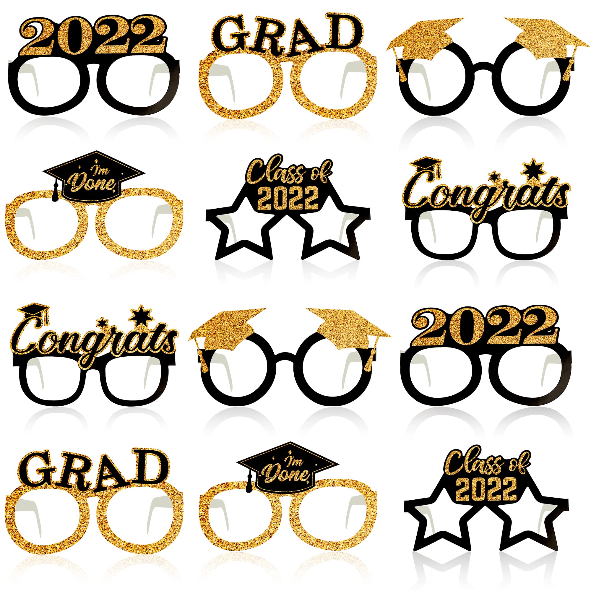2024 Graduation Party Glasses - Pack of 12 | Black & Gold Grad Party Decorations | Photo Booth Props & Party Favors | Perfect for Graduation Celebrations, Photo Shoots & School Events
