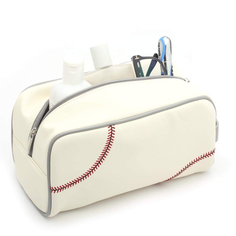 **Army Baseball Leather Travel Toiletry Kit - Genuine Leather Zippered Pouch Bag with Red Stitching - White - Durable & Stylish for Men's Grooming, Travel & Gym Essentials**    *(Perfect for Military, Camping, Business Trips & Everyday Use)*