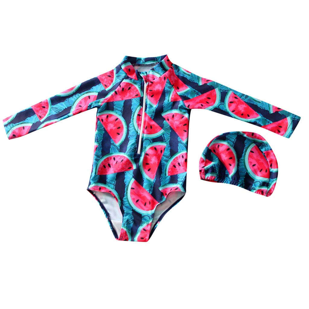 12-18 Months Baby Girl Long Sleeve Fruit Print Swimwear Set with Hat - Purple Beach Outfit for Toddlers | Newborn Essentials for Summer Pool & Water Play