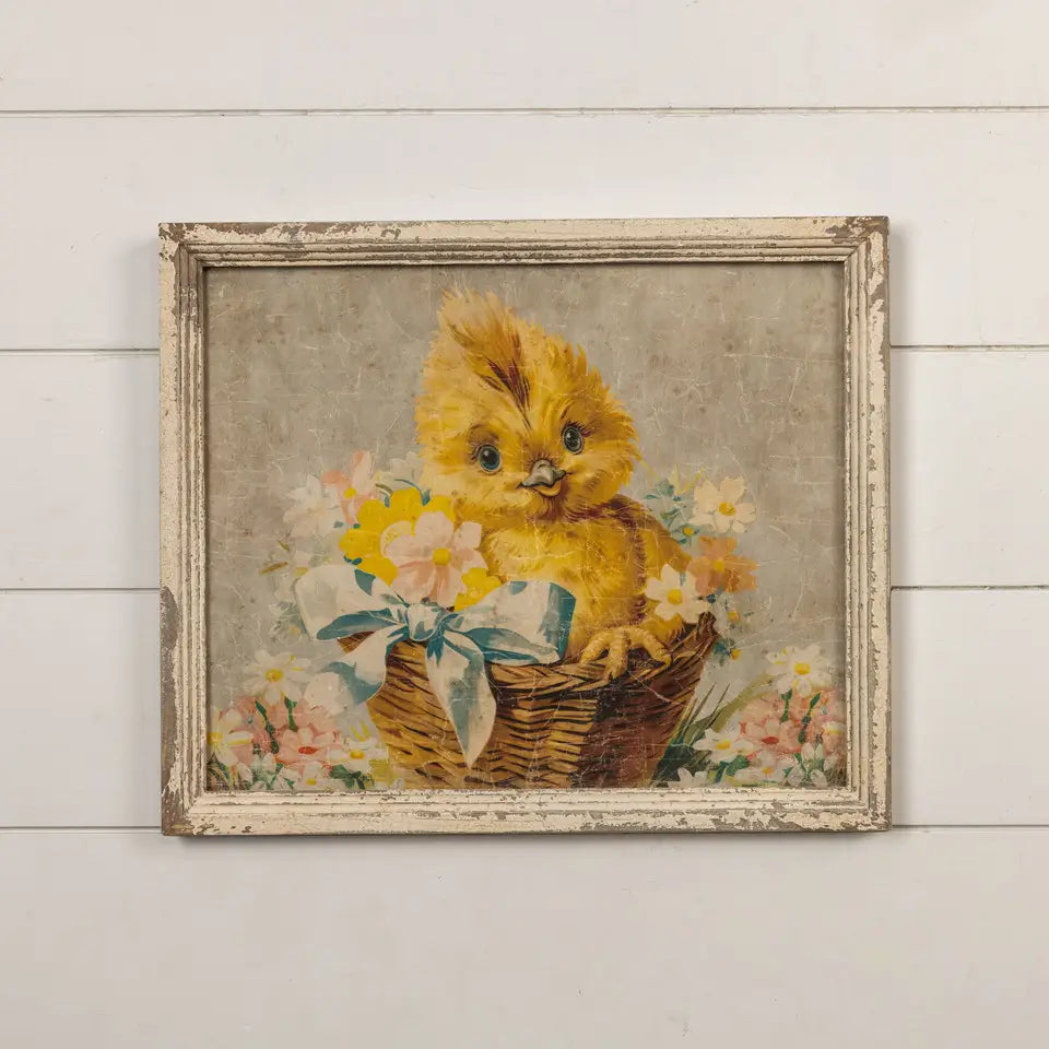 Vintage Framed Chick in Basket Wall Art Print - Farmhouse Decor for Kitchen, Nursery & Country Style Home