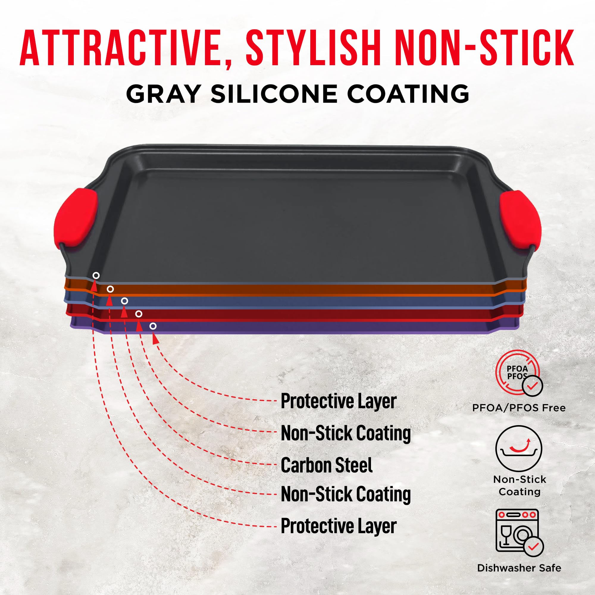 Nonstick Carbon Steel Cookie Sheet Pan with Red Silicone Handles - Medium Baking Tray with Gray Coating for Oven, Baking Cookies, Roasting Vegetables & More - Perfect for Home Kitchen & Commercial Use