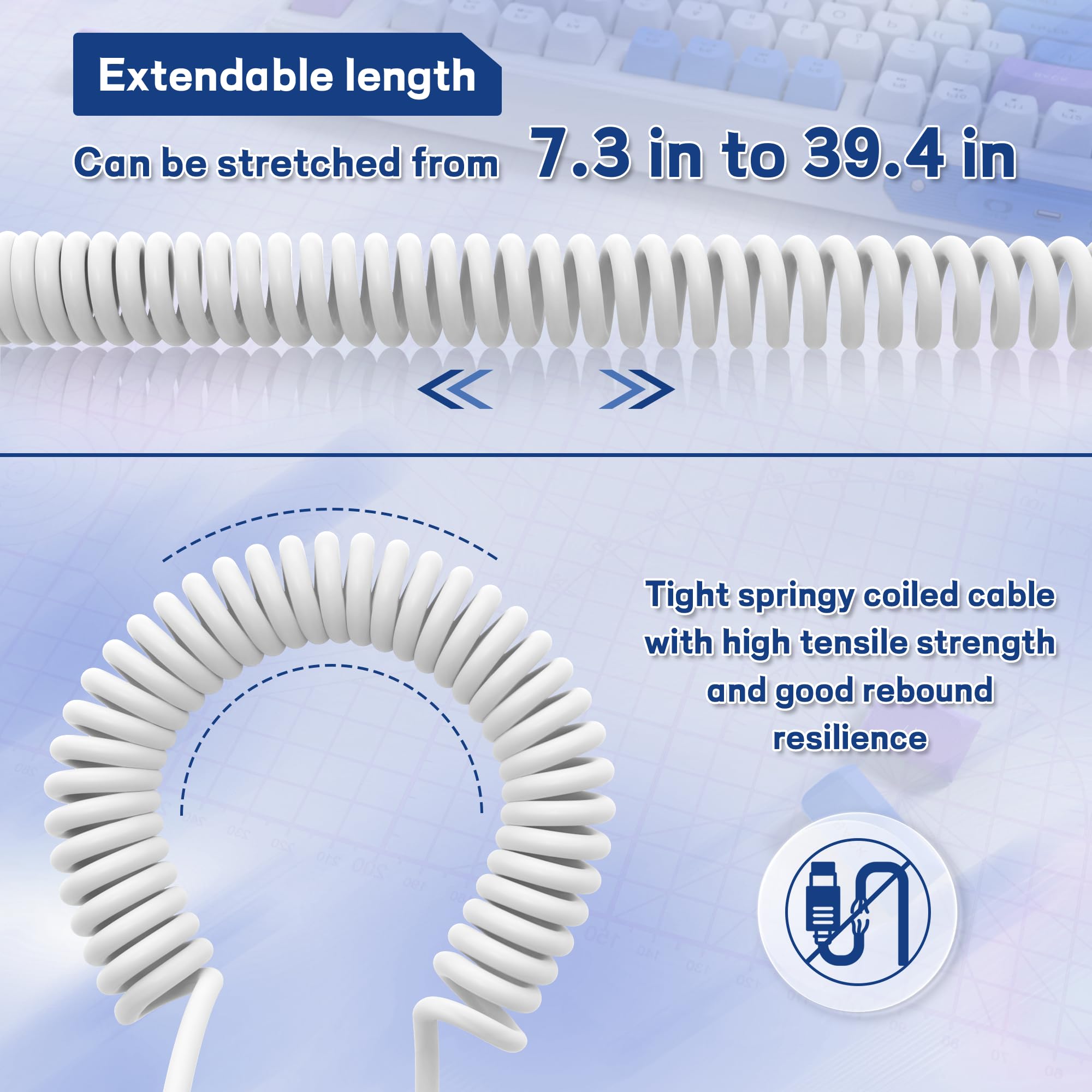 XINMENG Spiral Gaming Keyboard Cable - Extendable Custom TPU USB-C to USB-C Cable with Detachable Metal USB to USB-C Adapter for Mechanical Keyboards & Laptops - White | Perfect for Gaming Setups, Office Workstations & Travel Use