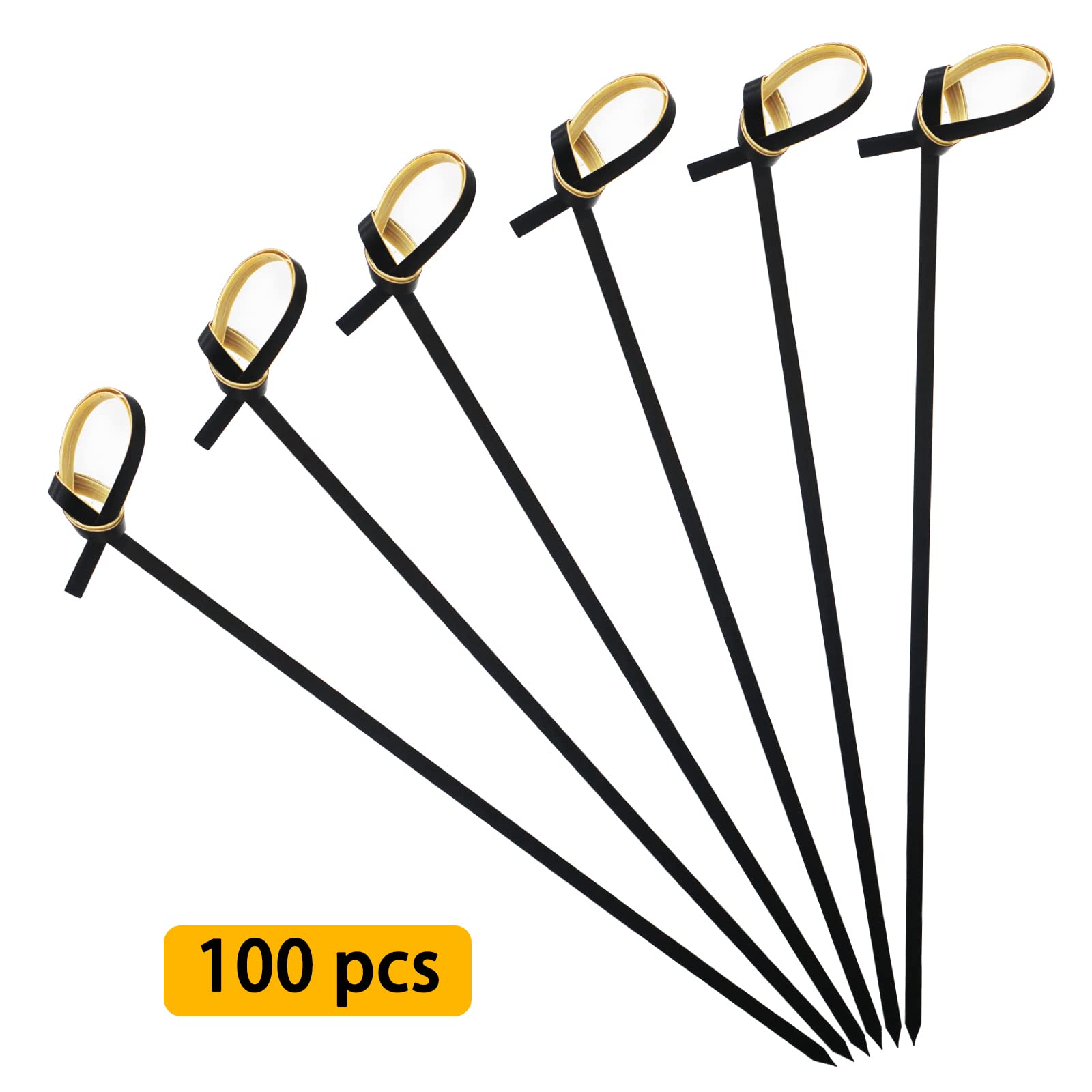 100-Pack Blue Top 6-Inch Black Bamboo Cocktail Picks with Looped Knot | Reusable Food Skewers for Appetizers, Cocktails, BBQ Snacks & Club Sandwiches | Perfect for Parties, Weddings & Home Entertaining