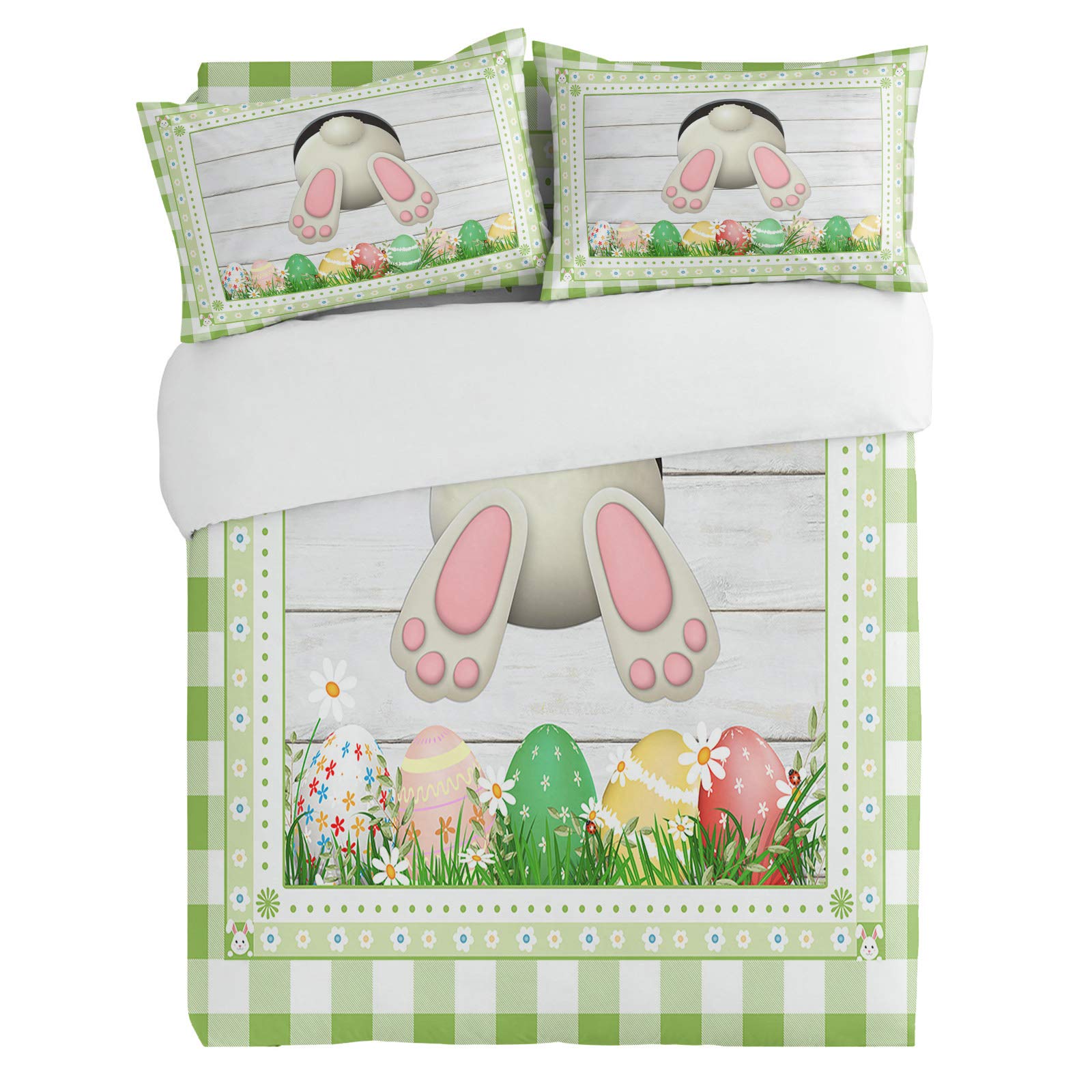 Easter Queen 3-Piece Bunny Tail Egg Duvet Cover Set - Super Soft Breathable Bedding with Floral Green Plaid & White Plank Design - Machine Washable Quilt Cover & Pillowcases for Bedroom, Guest Room - Perfect for Spring Decor, Easter Celebrations & Cozy Home Styling
