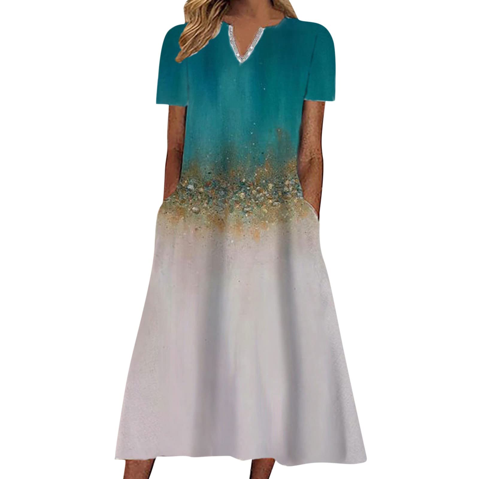 Women's Floral Print V-Neck Short Sleeve Maxi Dress with Pockets - Elegant Casual Sling Dress for Summer, Beach, Party & Everyday Wear