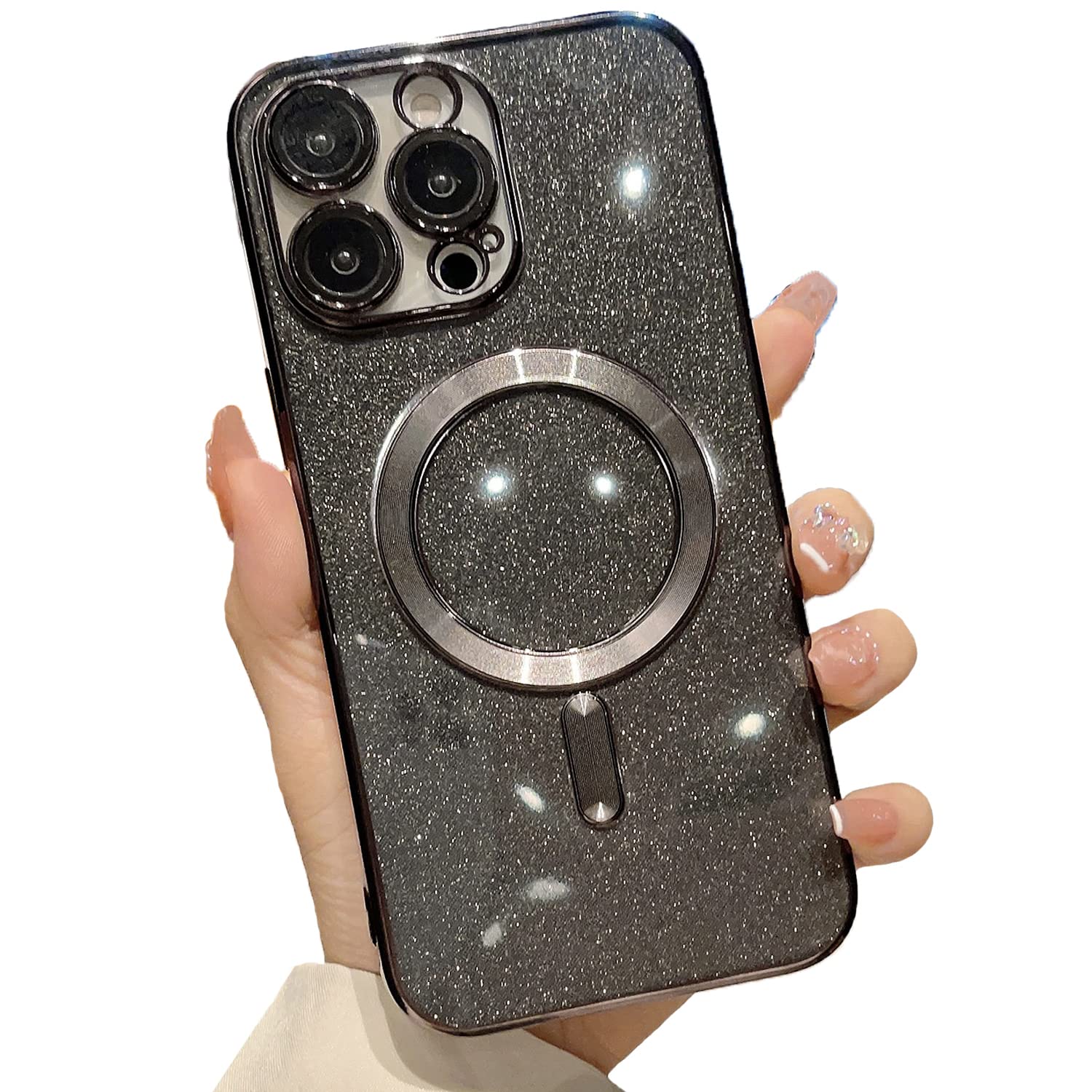 Magnetic Glitter Phone Case for iPhone 12 Pro Max - Cute Clear TPU Slim Shockproof Cover with Camera Lens Protector | MagSafe Compatible | Perfect Gift for Women & Girls | Everyday Protection & Stylish Design (Black)