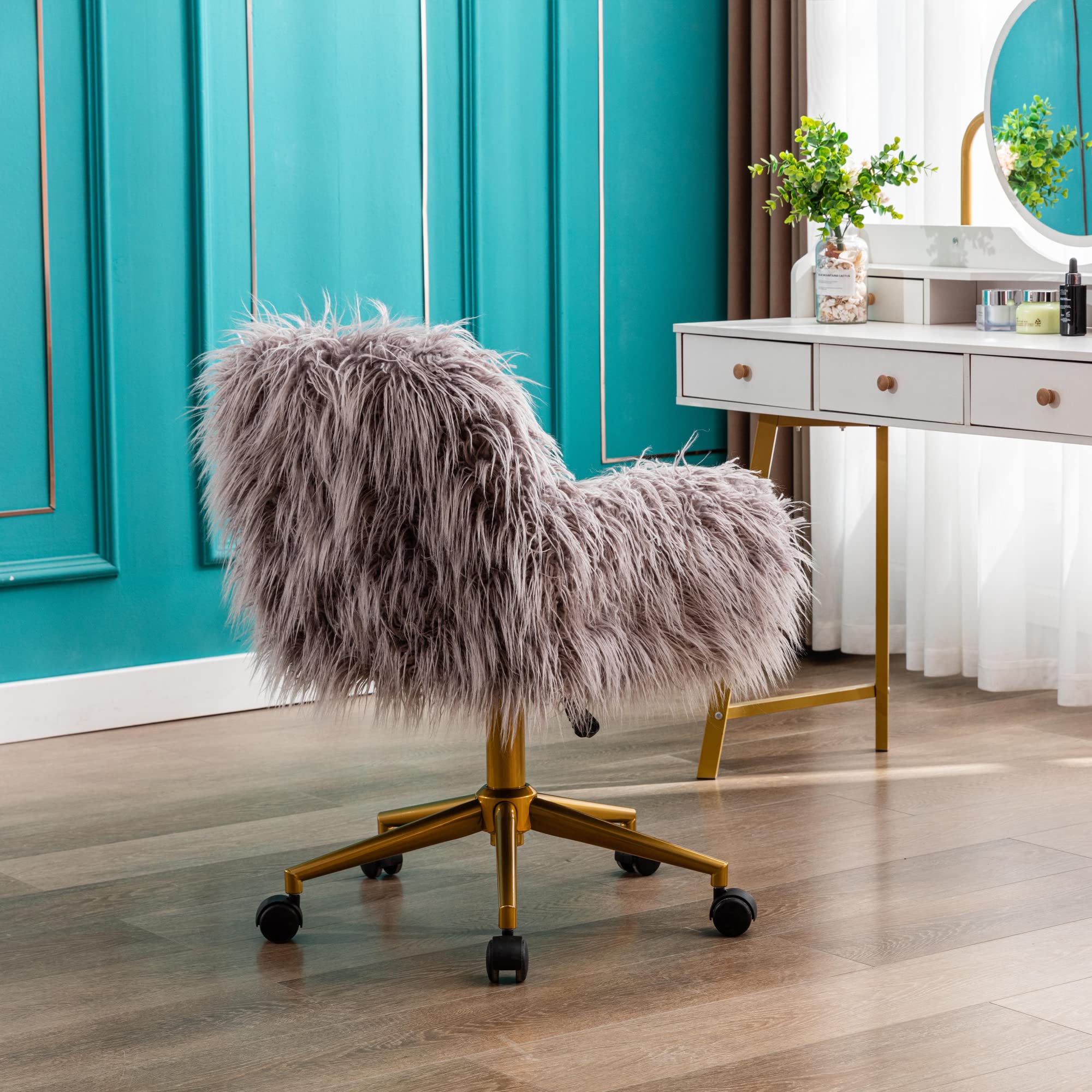 WILLIAMSPACE Fluffy Grey Fur Office Chair for Women - Rolling Swivel Vanity Chair with Arms for Workstations, Computer Desk & Home Office | US Stock Fast Shipping | Perfect for Work, Gaming & Makeup Dressing Table