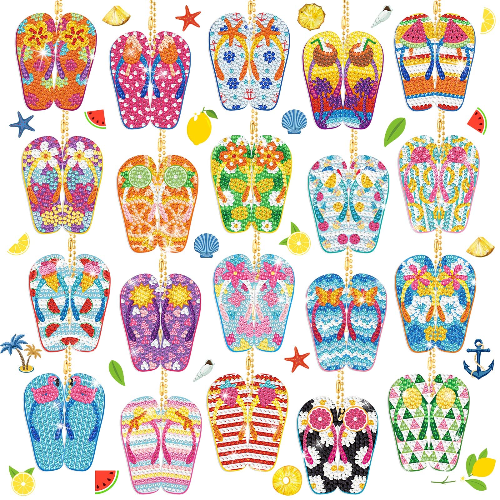 Karenhi 20 Pcs Diamond Painting Keychain Kits - DIY Flip Flop Shaped Keyrings with Sparkling Rhinestones for Adults & Beginners | Perfect for Summer Beach Parties, Gift Giving & Craft Decorations