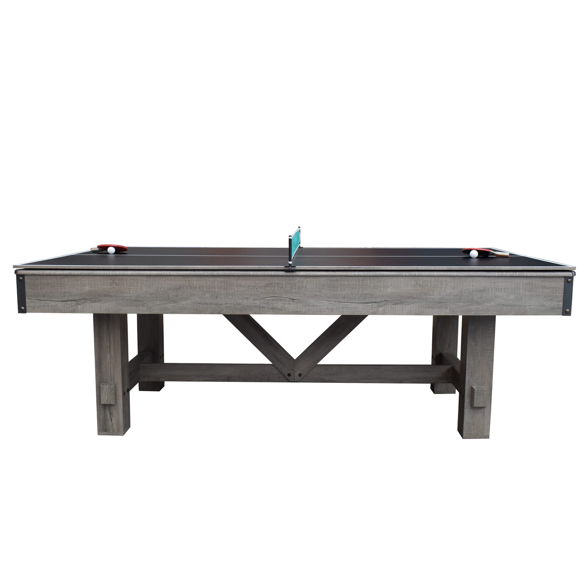Hathaway Logan 7-Foot Pool Table Combo Set with Benches - Rustic Gray with Blue Felt, Barnwood Style for Game Rooms and Man Caves
