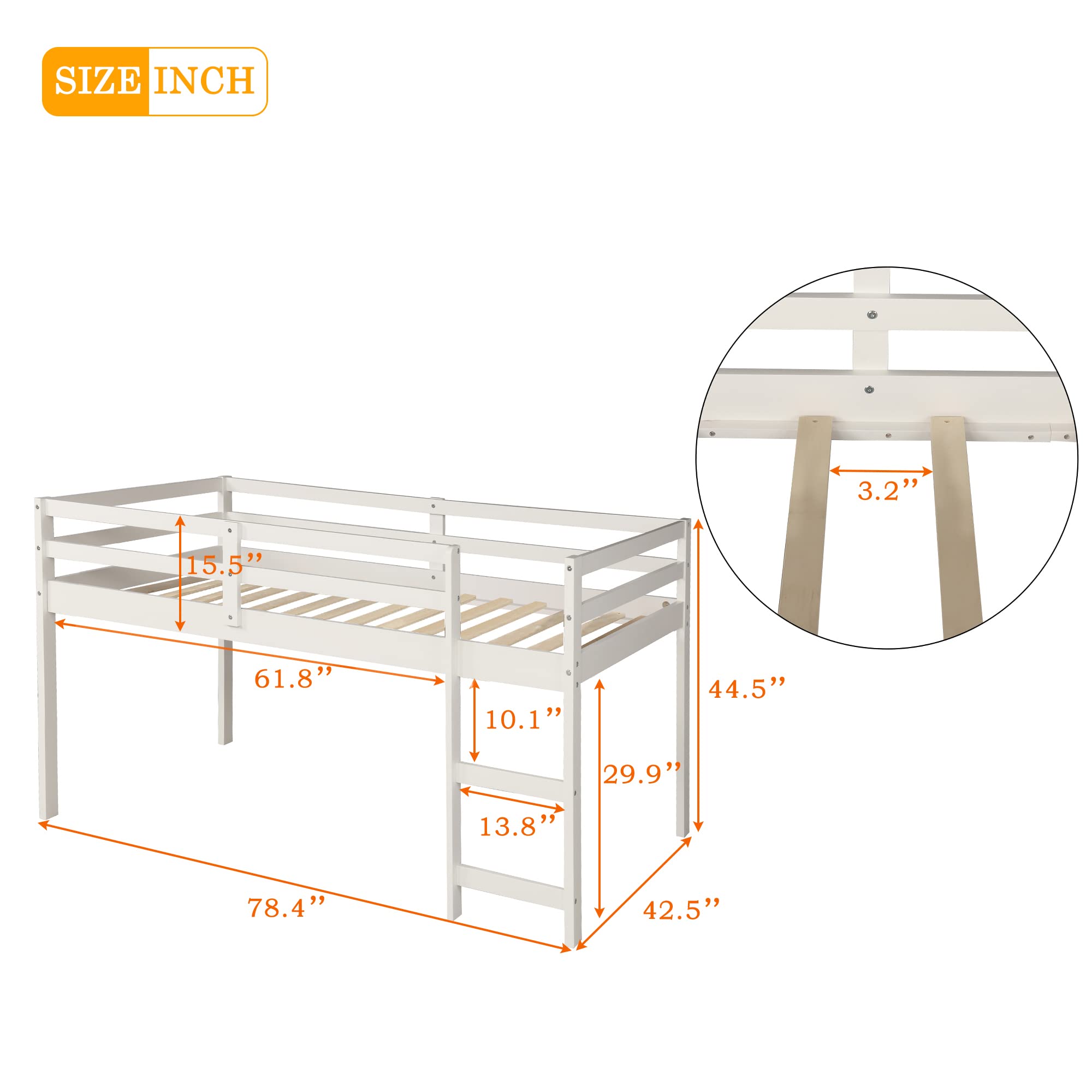 Twin Size Loft Bed with Desk and Cabinet - Low Study Loft Bed Frame with Rolling Portable Desk - Space-Saving Kids and Teens Loft Bed (White) - Perfect for Small Bedrooms, Dorm Rooms, and Home Offices