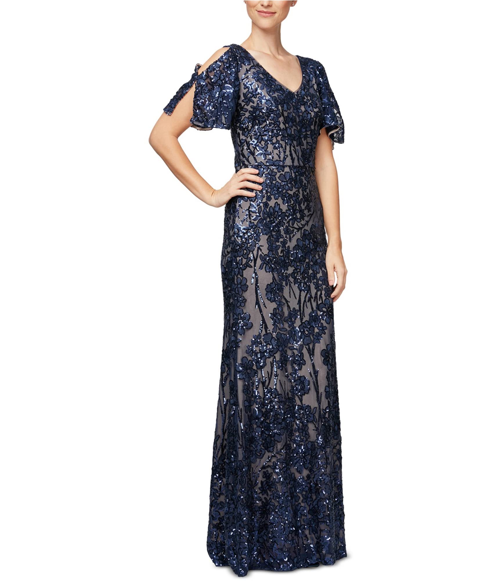 Alex Evenings Women's Long Sequin Mother of The Bride Dress with Cold Shoulder & Flutter Sleeves - Petite & Regular Sizes - Perfect for Weddings, Formal Events & Special Occasions