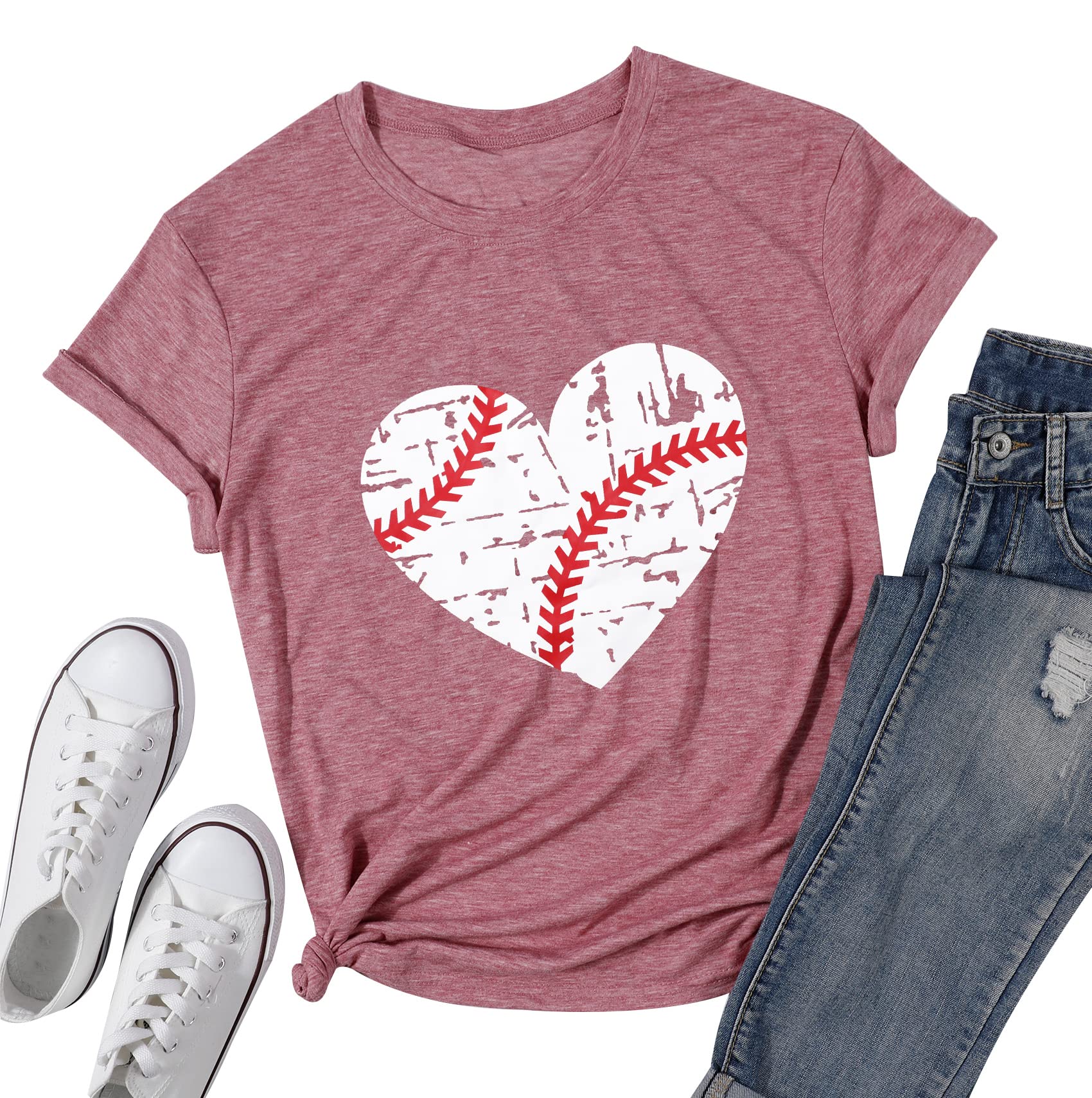 Women's Baseball Heart Graphic Tee - Short Sleeve Baseball Shirt for Game Day & Casual Wear - Soft Cotton T-Shirt for Sports Fans & Everyday Outfits