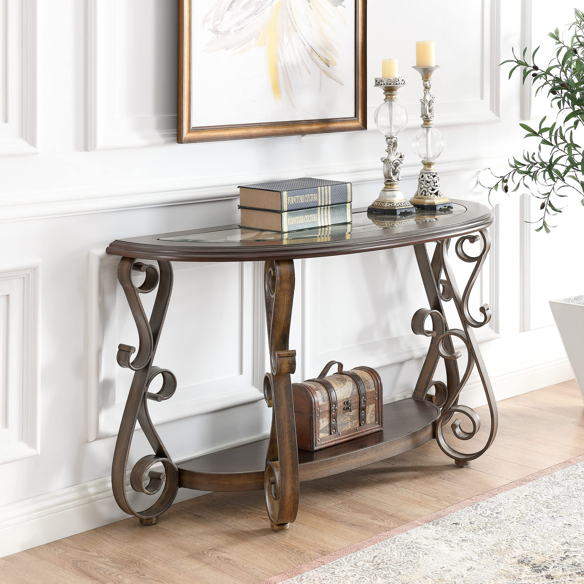 Vintage 3-Tier Wood Console Table with Tempered Glass Top & Marble Shelf - Elegant Entryway Sofa Table for Living Room, Hallway, Bedroom - Easy Assembly Home Decor Furniture for Traditional & Modern Interiors