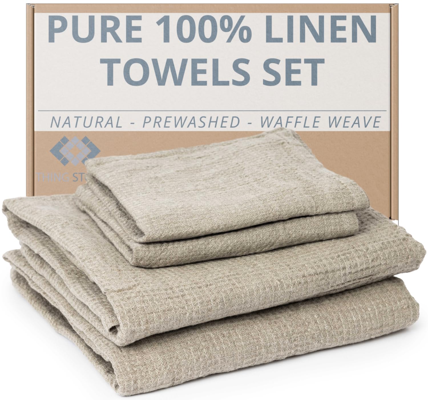 4-Piece 100% Linen Towel Set - 2 Bath Towels & 2 Hand Towels | Natural Waffle Weave, Pre-Washed, Quick-Drying & Ultra Absorbent | Eco-Friendly Bathroom Towels for Spa, Beach & Luxury Home Use