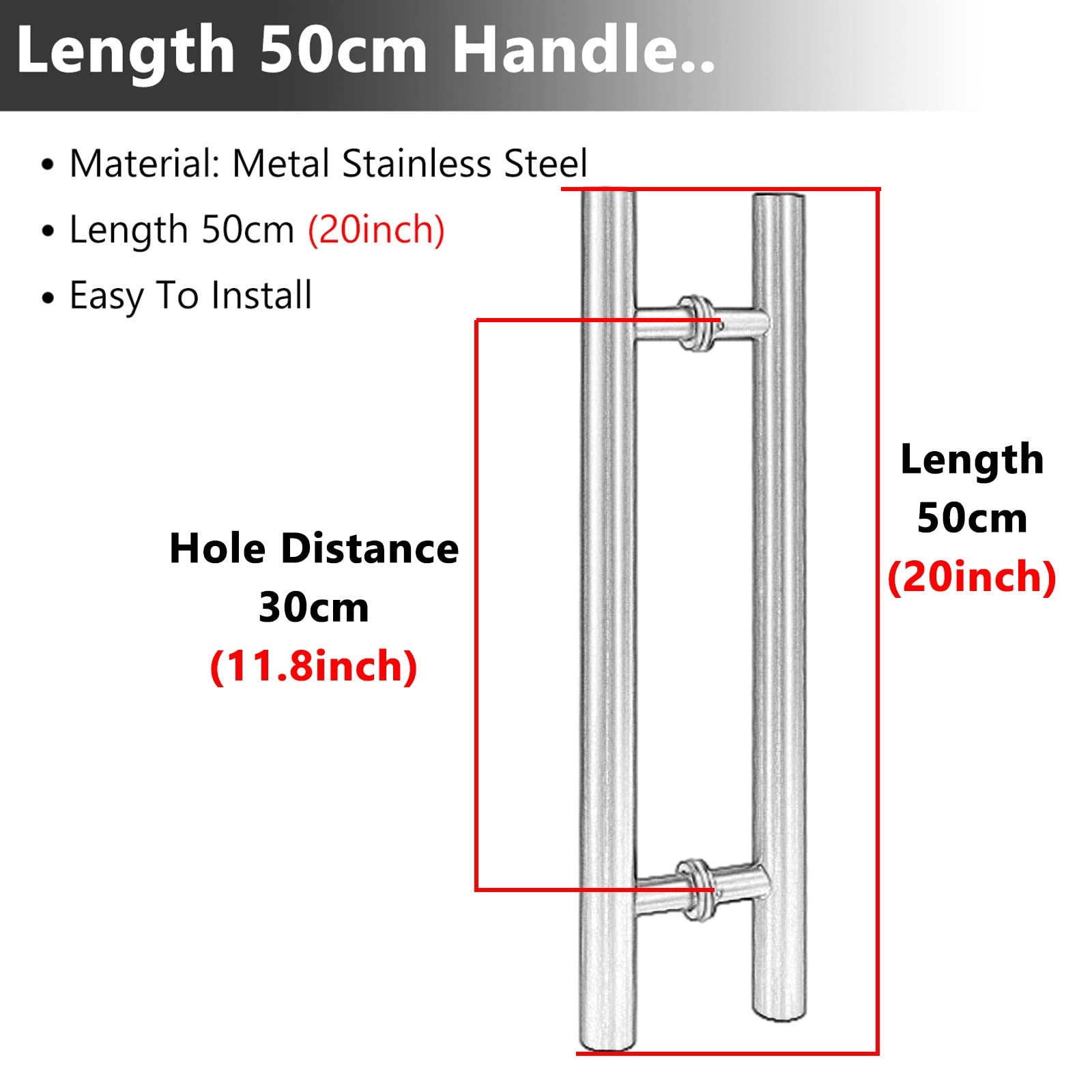 Stainless Steel Round Barn Door Pull Handle - 50cm for Sliding Glass & Wood Gates - Home & Bathroom Hardware