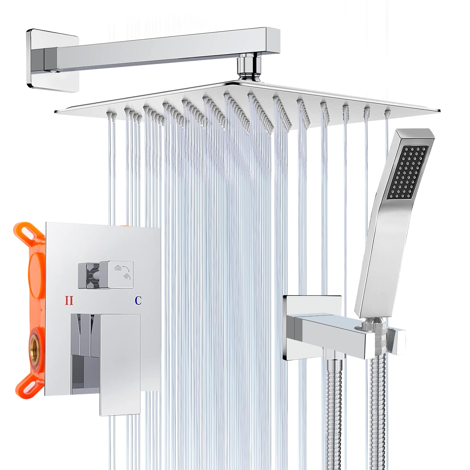 Premium 10-Inch Rainfall Shower System - High Pressure Square Shower Head with Handheld Sprayer, Wall Mounted Luxury Bathroom Mixer Faucet Set for Spa-Like Experience (Ideal for Master Bathrooms & Modern Home Renovations)