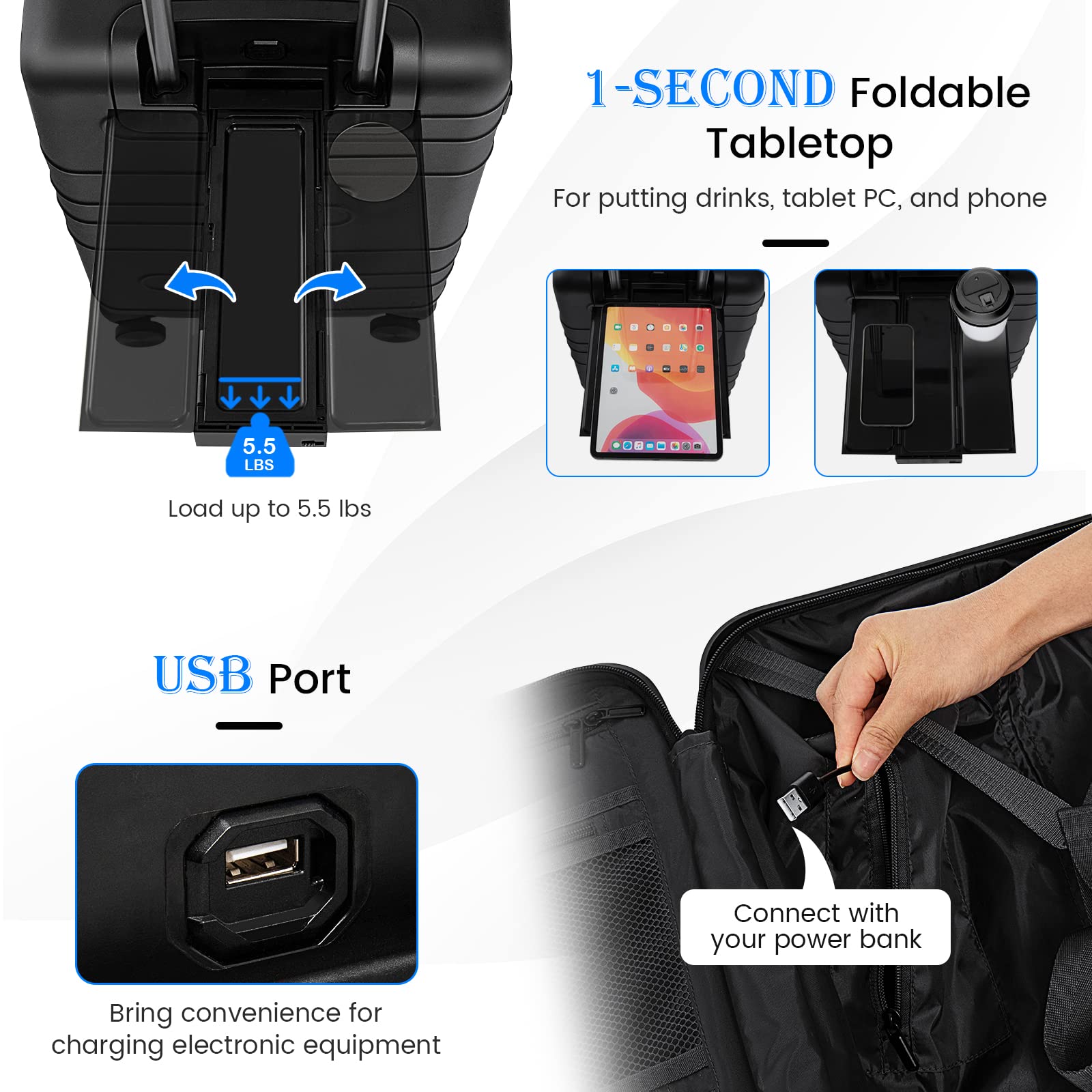 Goplus 20 Inch Hardside Carry On Luggage with USB Charging Port & TSA Lock - Lightweight PC Suitcase with Spinner Wheels, Front Pocket & Foldable Tabletop for Business Travel, Airplane Cabin & Weekend Getaways