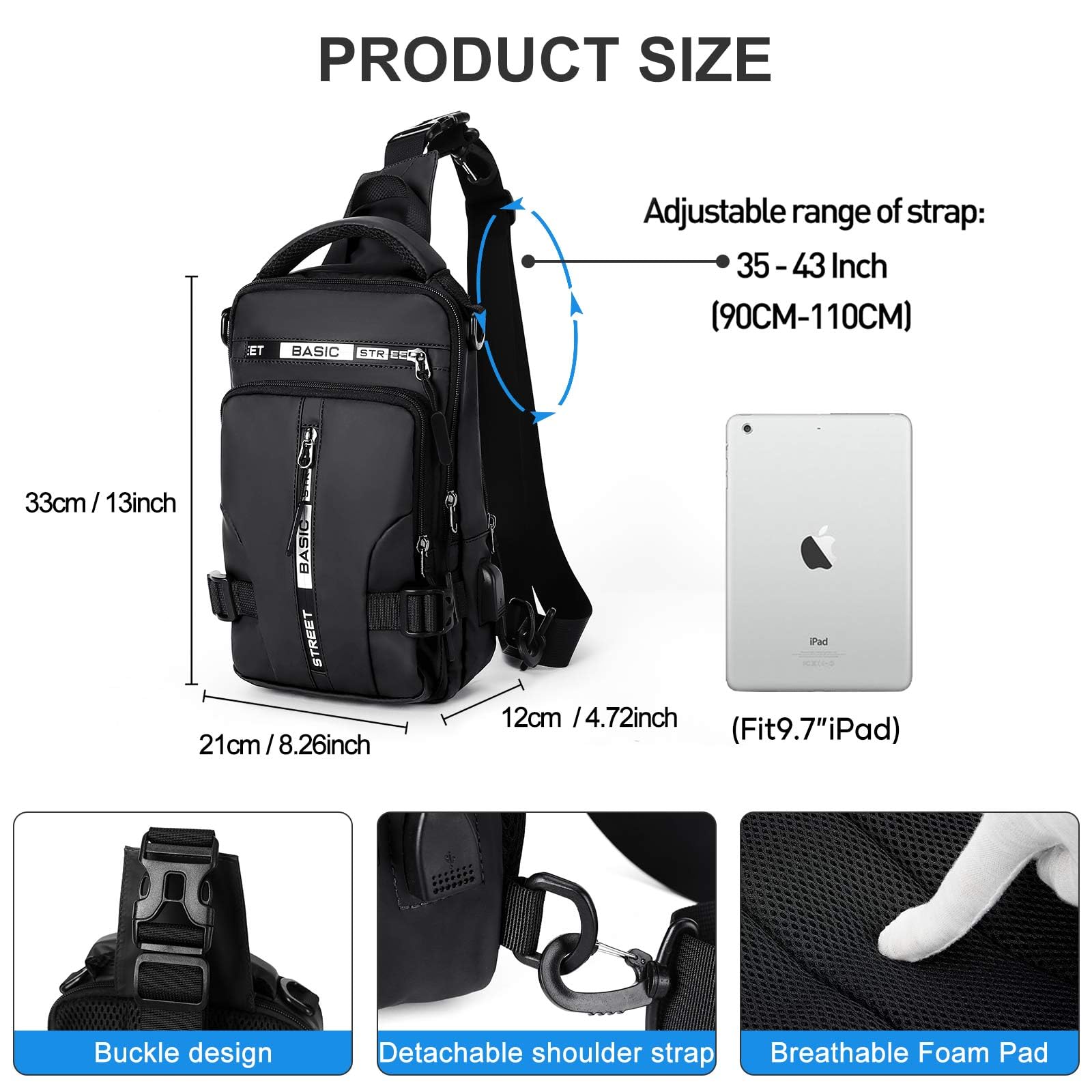 Large Black Sling Bag for Men & Women - Anti-Theft Crossbody Backpack with USB Port for Travel, Hiking, Gym & Outdoor Sports | Perfect for Motorcycle Riding, Casual Use & Daily Commute