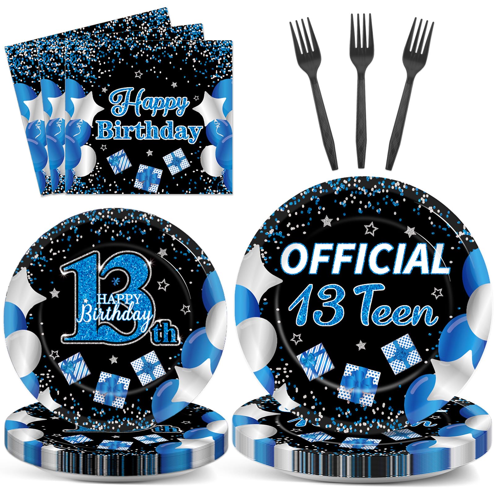 100 Pcs Blue 13th Birthday Party Supplies Set - Disposable Plates, Napkins & Forks for Boys | Teen Birthday Decorations, Tableware & Favors for 13 Year Olds | Perfect for Teen Birthday Parties, Celebrations & Dinnerware