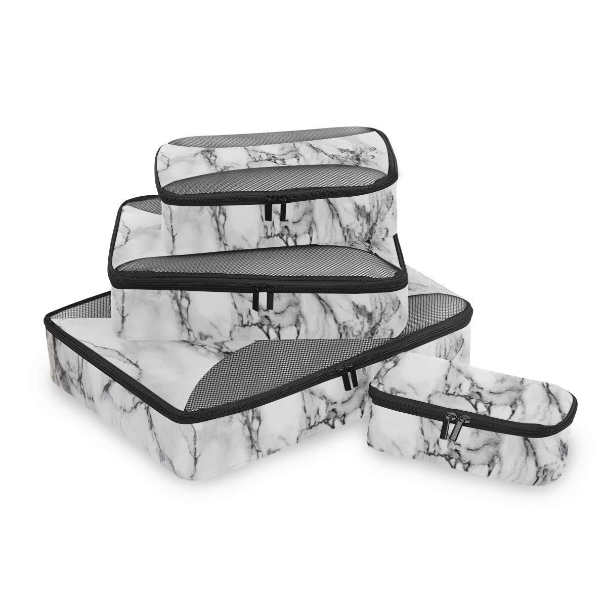4-Piece Packing Cubes Set - Travel Luggage Organizers for Men & Women | White Marble Design | Perfect for Carry-On Bags, Suitcases & Backpacking Trips