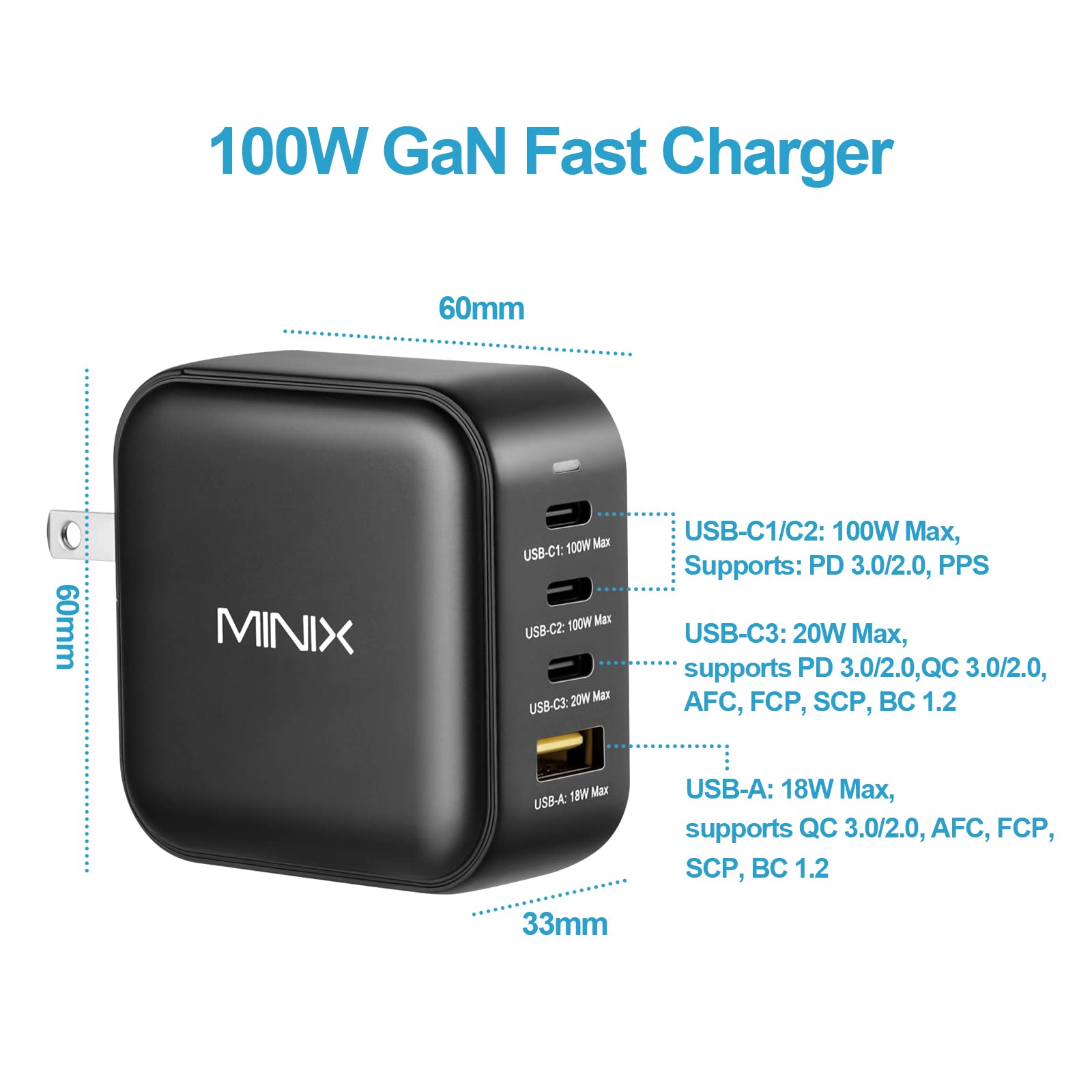 MINIX NEO P3 100W Turbo 4-Ports GaN Wall Charger - Fast Charging Adapter with 3 USB-C Ports (100W/20W) & 1 USB-A Port (18W) - Compatible with MacBook Pro/Air, iPad Pro, iPhone 13/12, Galaxy S9 & More - Perfect for Travel, Office & Home Charging