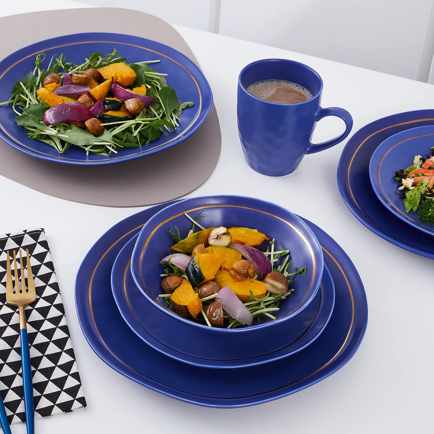 Clara Porcelain 16-Piece Round Dinnerware Set in Blue - Stone Lain Elegant Dinner Plates, Bowls & Mugs for 4 People - Perfect for Family Dinners, Holiday Entertaining & Restaurant-Style Dining