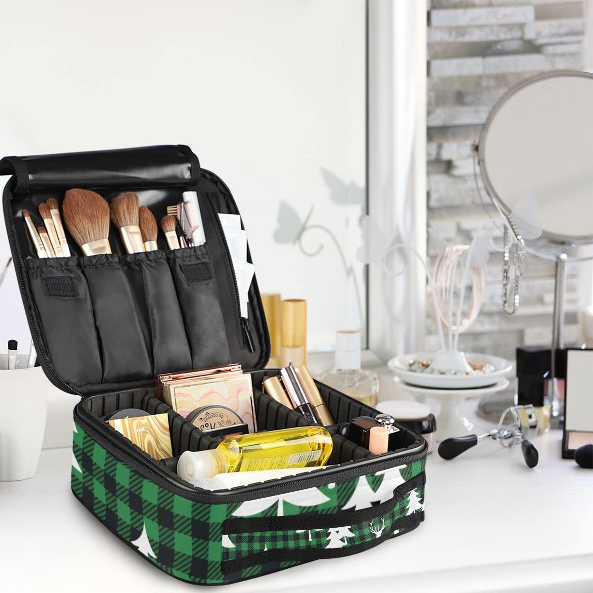 GAIREG Checkered Travel Makeup Bag with Butterfly Design - Portable Cosmetic Train Case Organizer for Women, Forest Plaid Pattern - Perfect for Travel, Gym, and Daily Makeup Storage