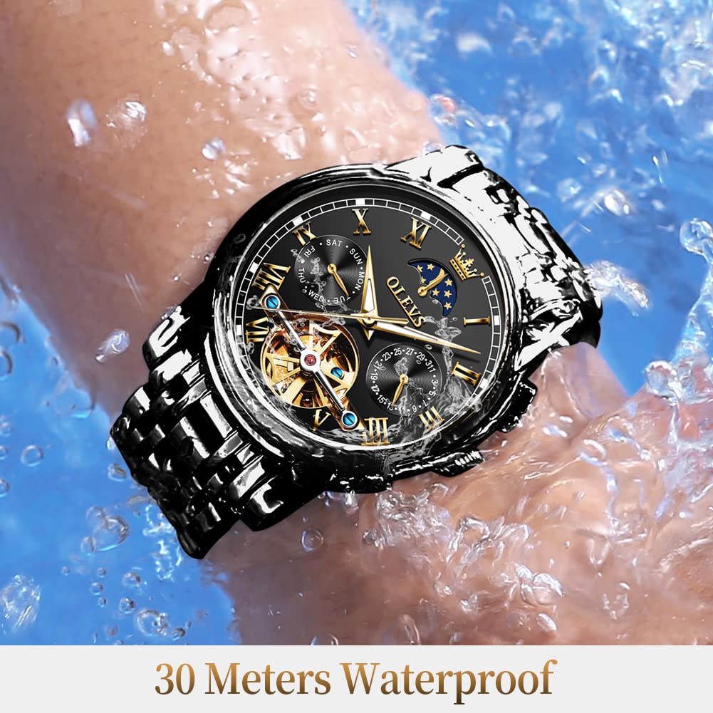 OLEVS Men's Automatic Mechanical Tourbillon Watch - Self-Winding Luxury Stainless Steel Waterproof Wristwatch with Luminous Hands & Date Display | Perfect for Business, Formal Events & Everyday Wear