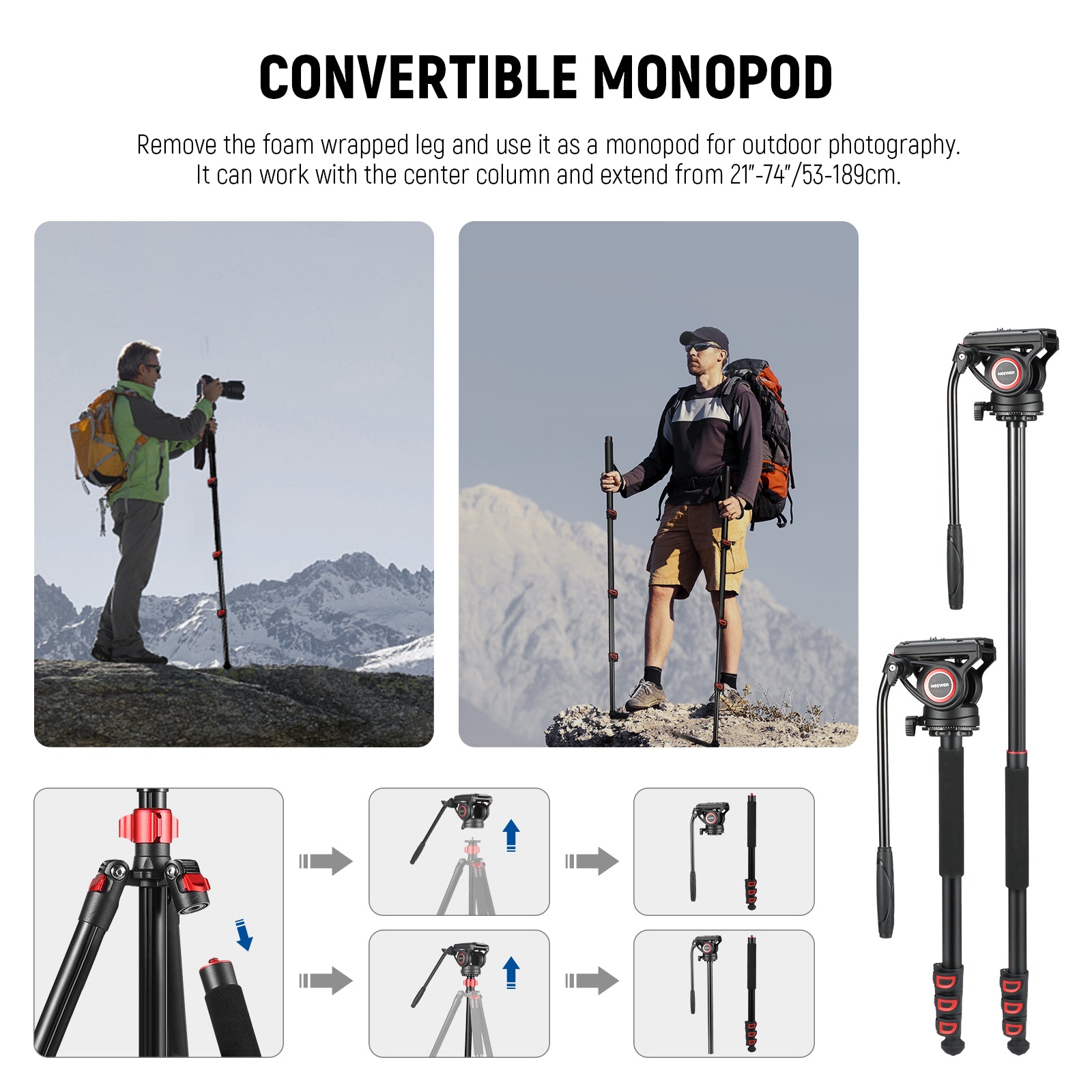 NEEWER TP72A 72-Inch Professional Aluminum Video Tripod with Fluid Head - Lightweight Camera Tripod for DSLR, Mirrorless, Camcorders - Perfect for Vlogging, Live Streaming, and Outdoor Photography