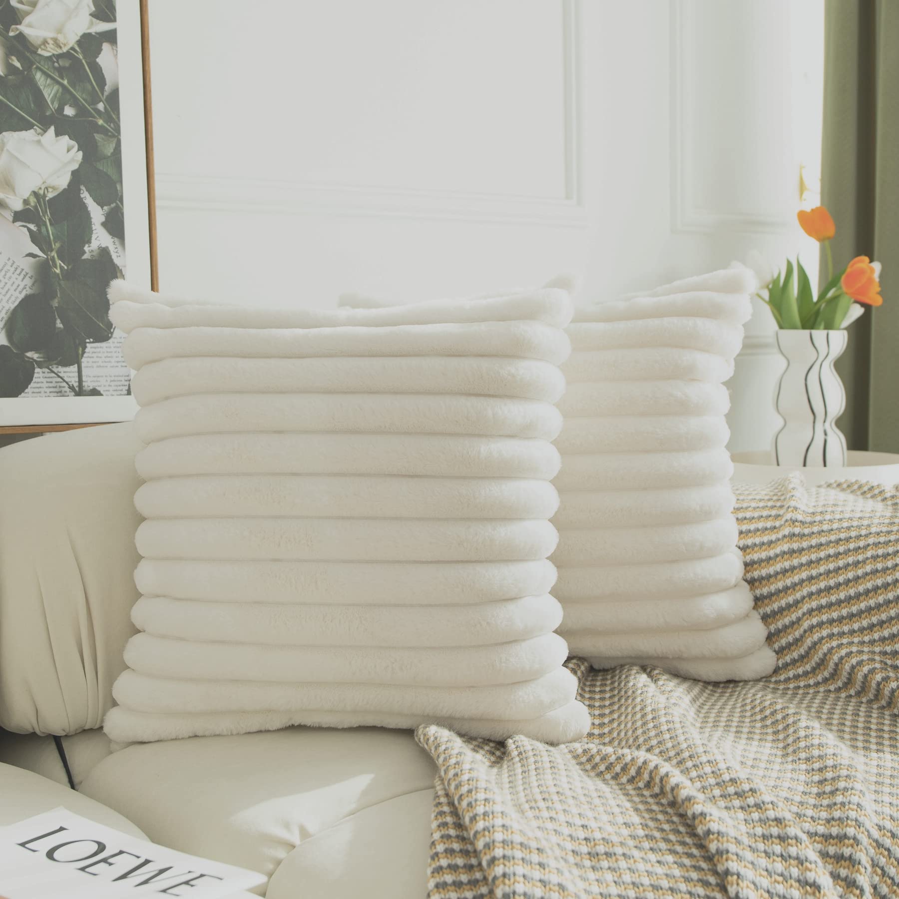 LIGICKY 18x18 Inch White Fluffy Faux Fur Throw Pillow Covers - Soft Double-Sided Striped Decorative Cushion for Couch, Bed, Sofa (Set of 2) - Perfect for Living Room, Bedroom & Home Decor