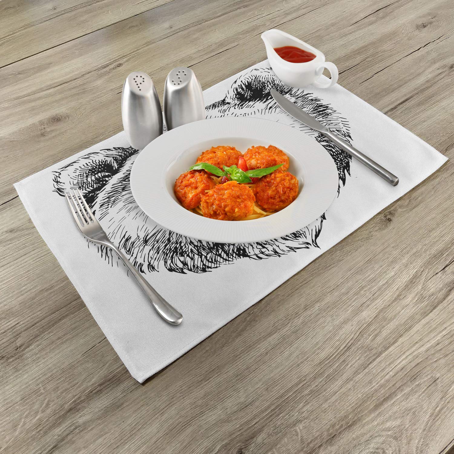 Ambesonne 4-Pack Animal Placemats - Hand Drawn Grizzly Bear Wildlife Artwork, Nature Themed Washable Fabric Placemats for Dining Table & Kitchen Decor (Black & White) | Perfect for Dinner Parties, Holiday Gatherings & Everyday Meals
